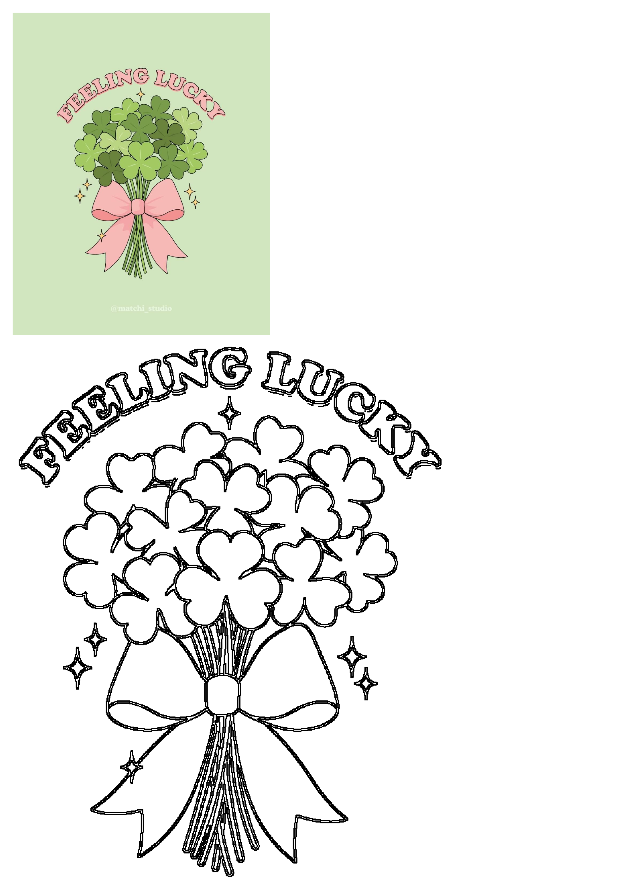 A charming St. Patrick's Day shamrock bouquet with a pink bow, 'Feeling Lucky' text on a pale green background, and a bonus outline version.