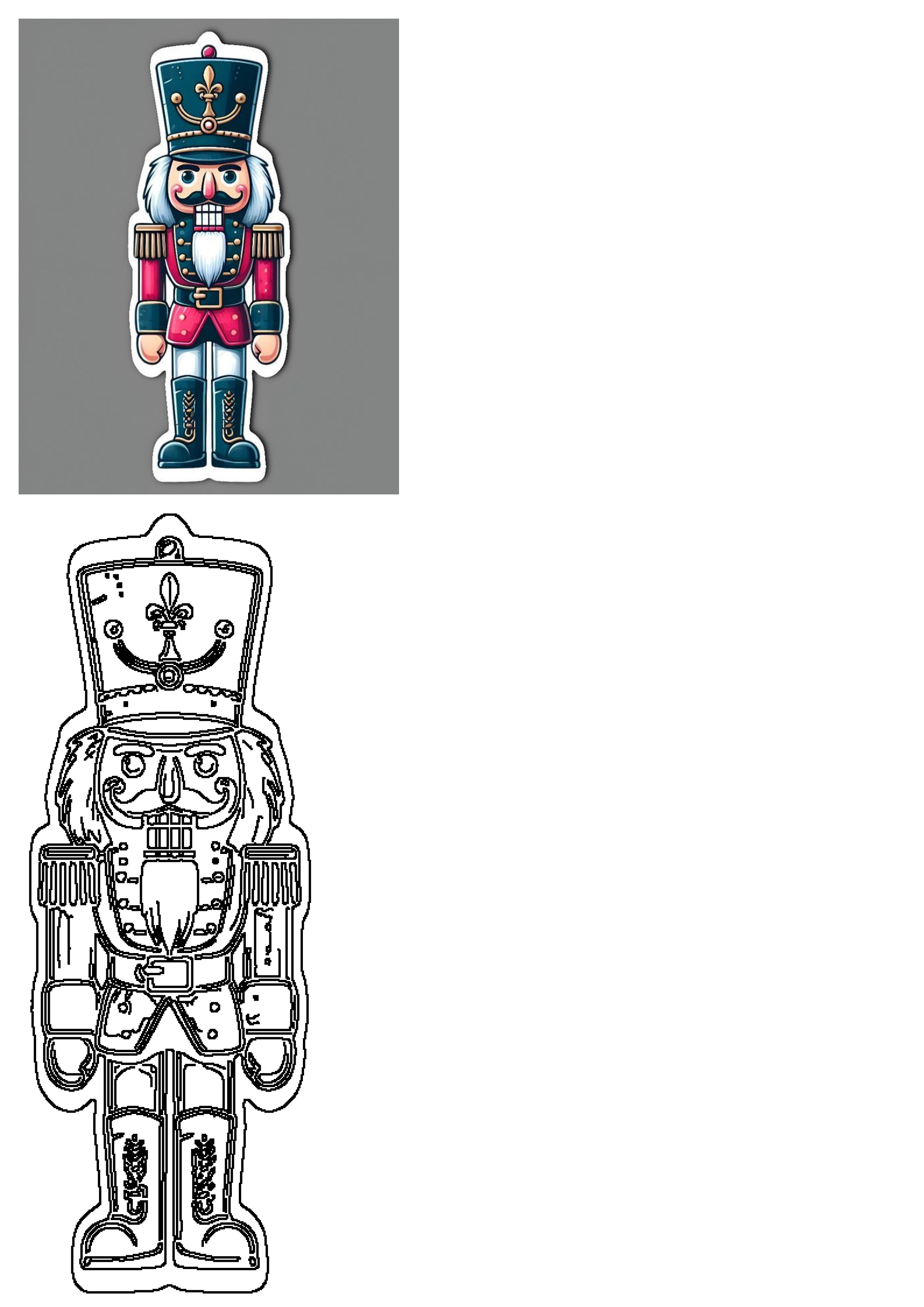 A vibrant and outline illustration of a traditional Christmas nutcracker soldier, featuring its iconic uniform, hat, and expressive face.