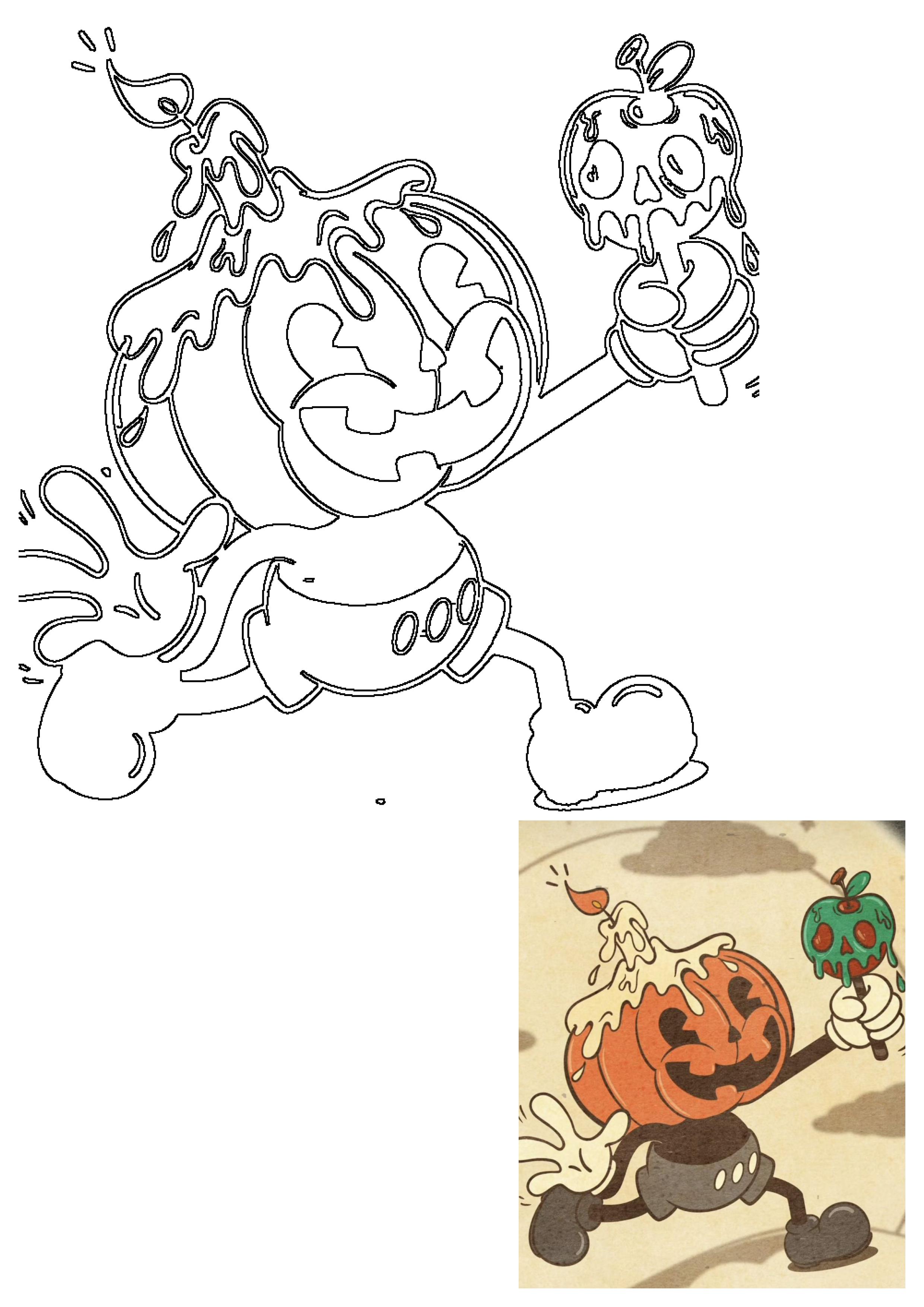 Vintage Halloween cartoon pumpkin man character in a classic rubber hose style, featuring a melting candle on his head and holding a poison apple.