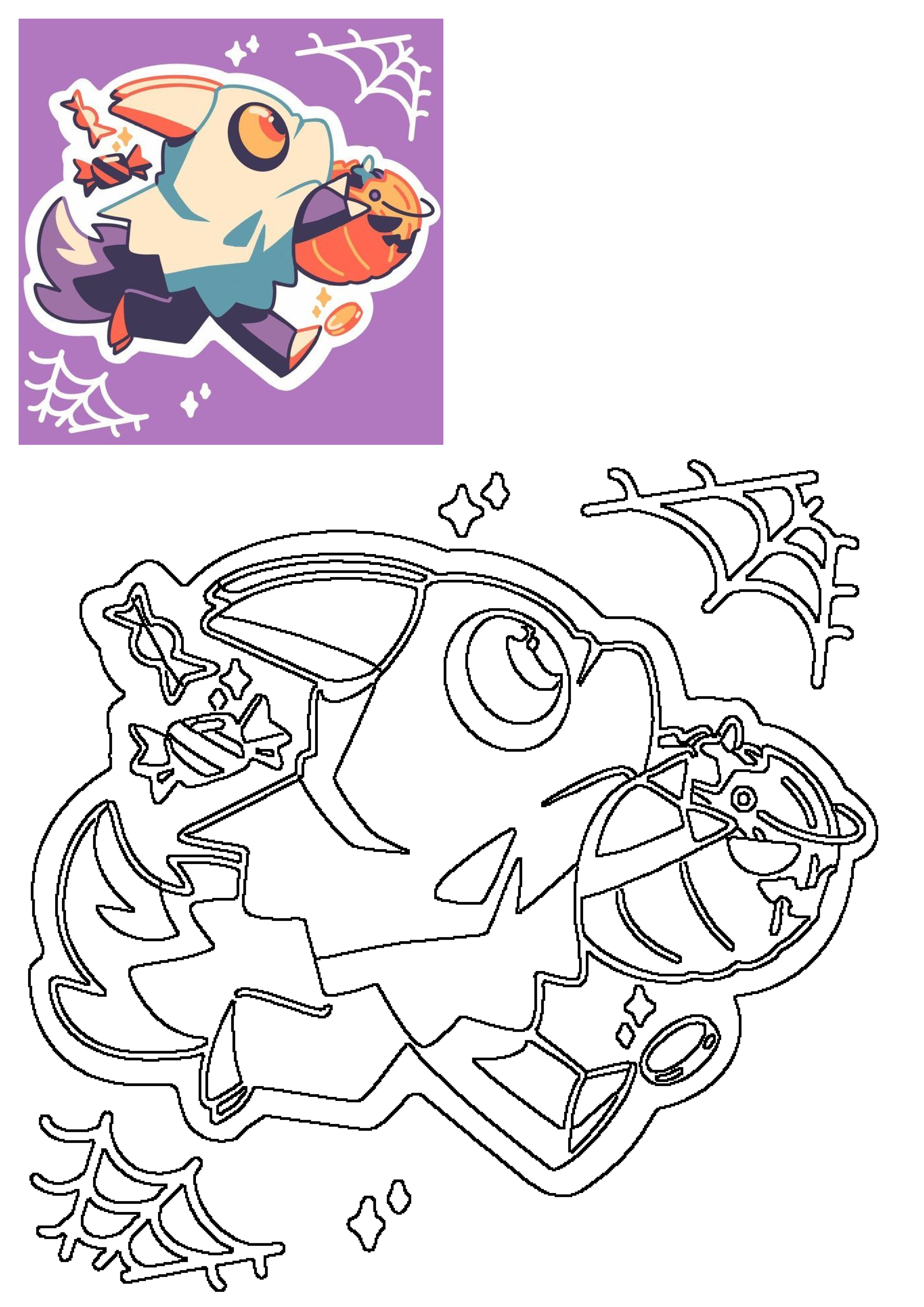 A cute cartoon ghost character flying with a jack-o'-lantern pumpkin candy bucket and sweets on a purple Halloween background featuring spiderwebs.