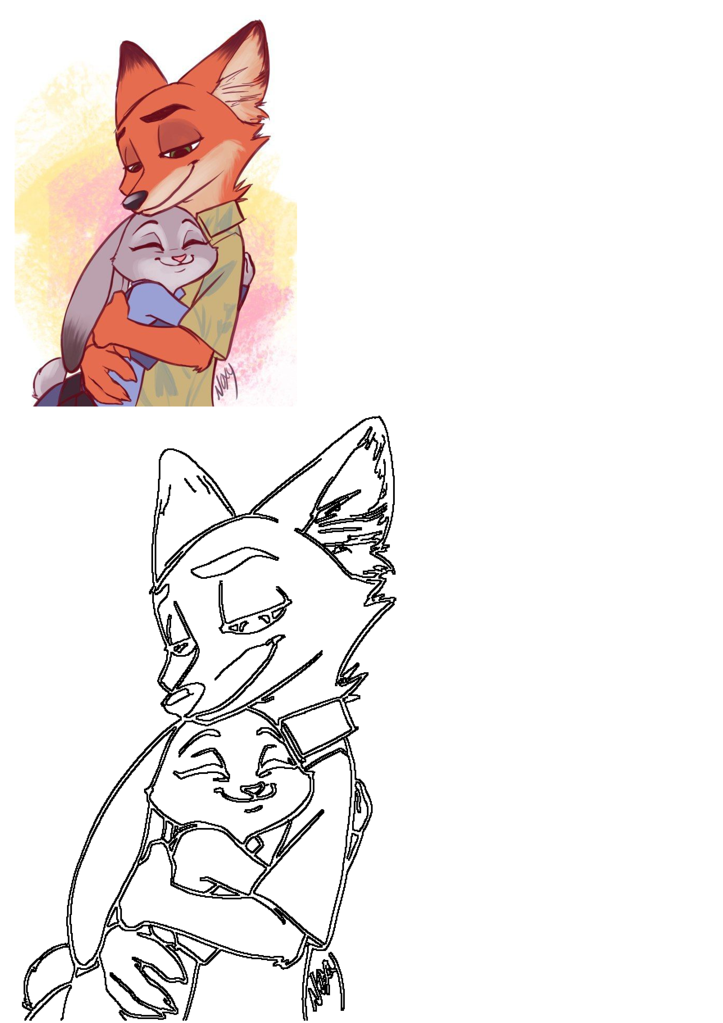 Cute Zootopia fan art featuring Nick Wilde the fox embracing Judy Hopps the bunny, showing their affectionate bond.