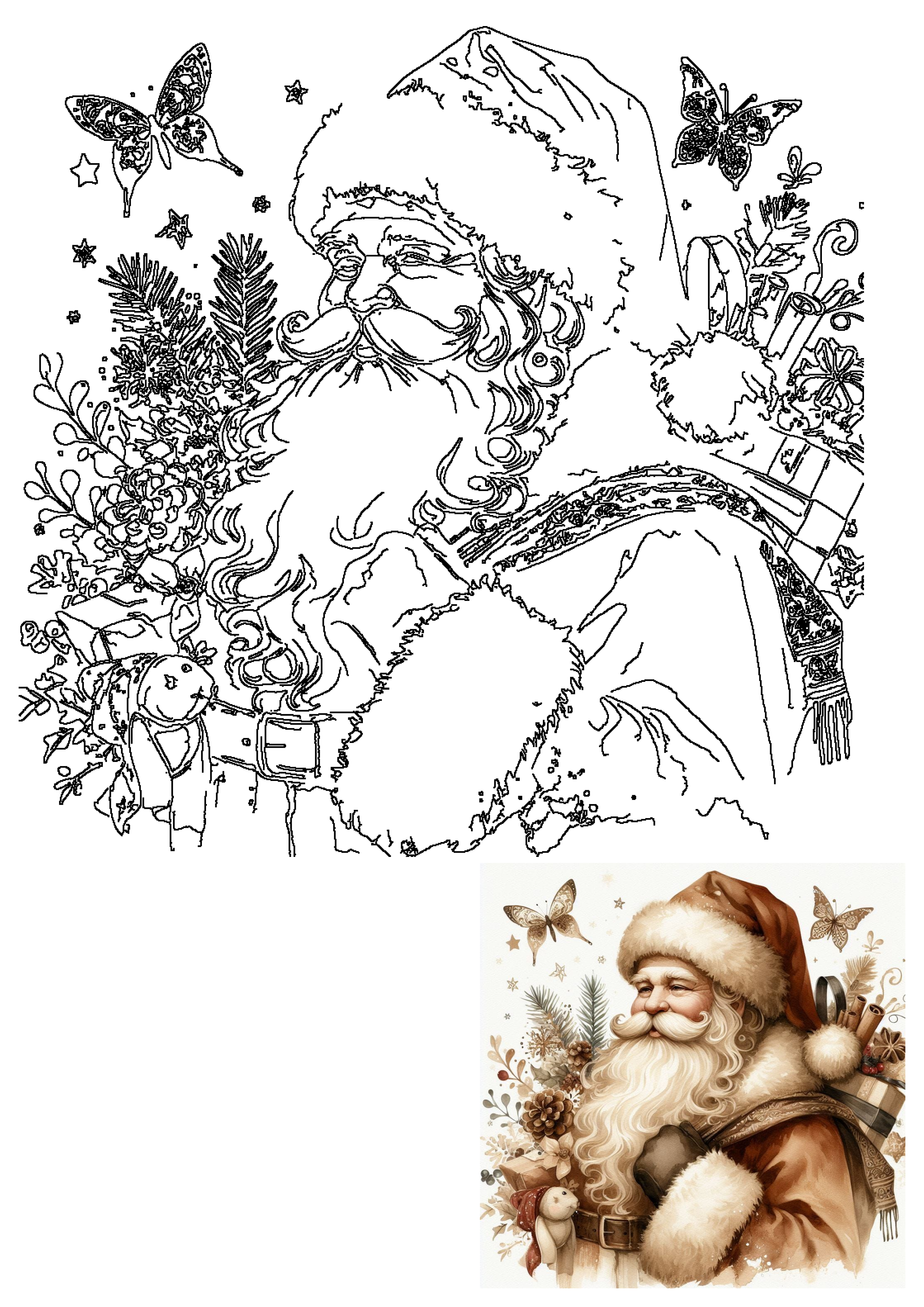 Detailed outline drawing of festive Santa Claus adorned with Christmas butterflies, pine branches, berries, stars, and a cute toy.