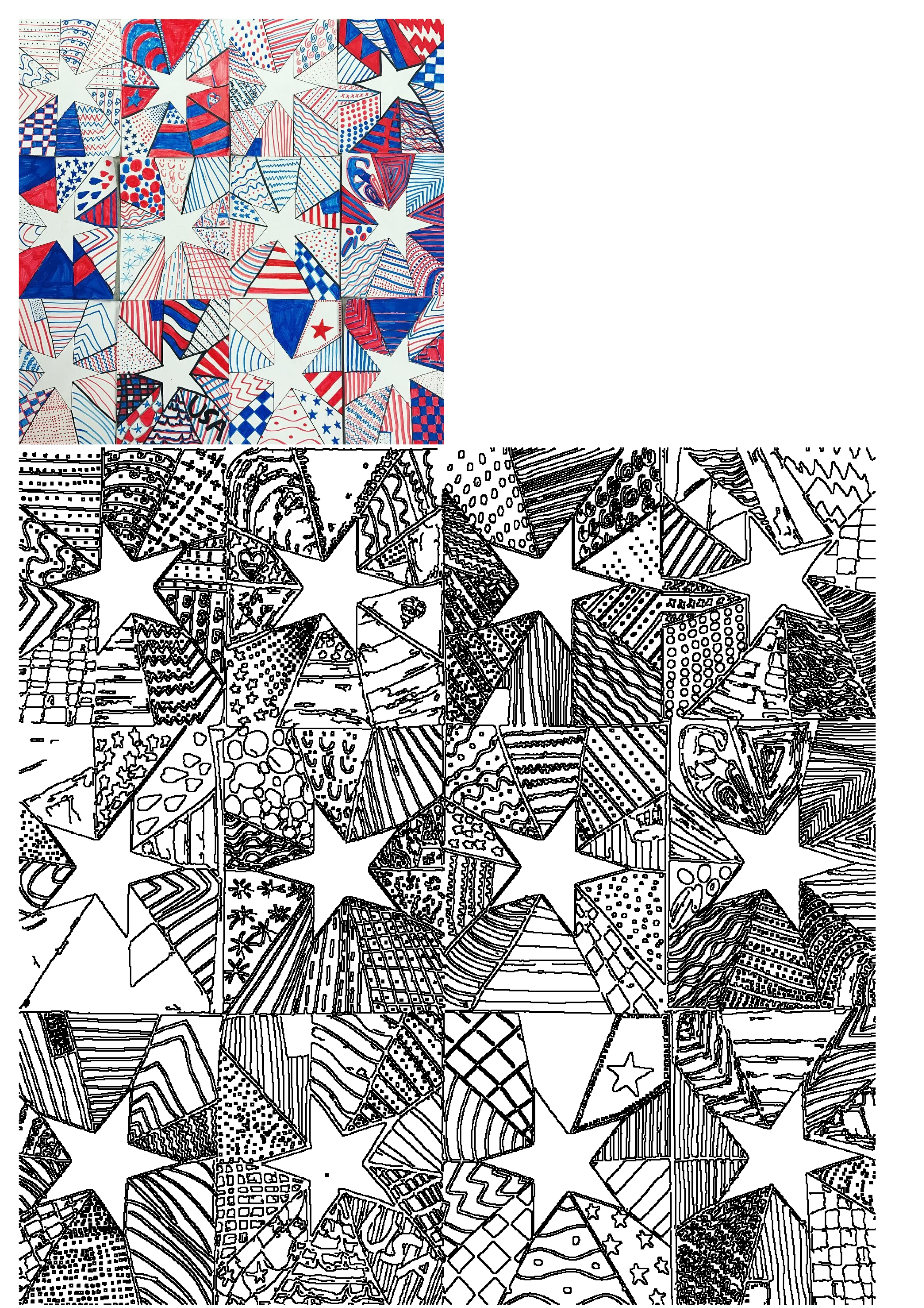 Patriotic red and blue geometric star pattern artwork, featuring various detailed designs. Includes a black and white version for outlines.