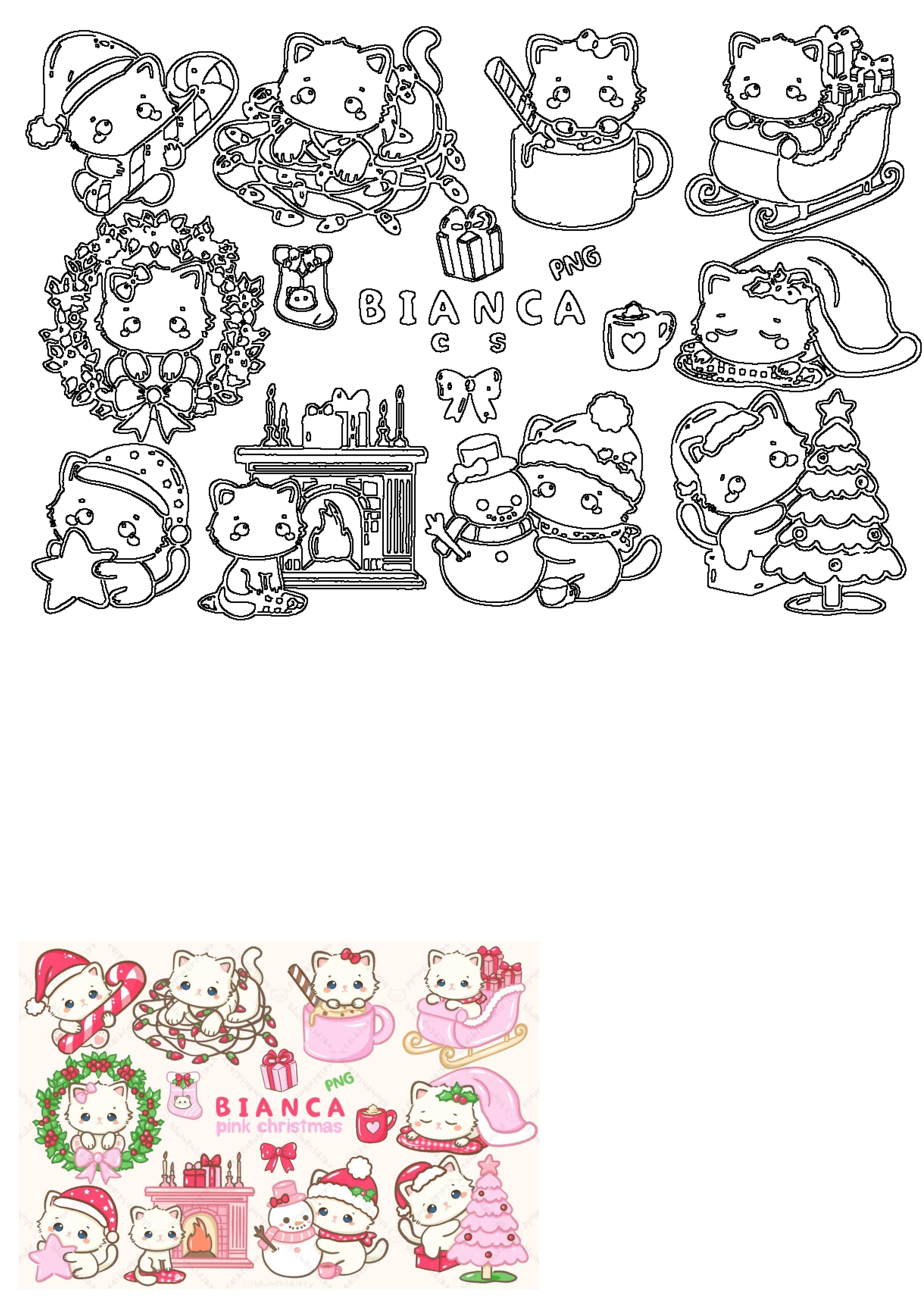 Bianca Pink Christmas Kawaii Cats Holiday Illustrations Bundle featuring cute cats with candy canes, wreaths, sleighs, and more.