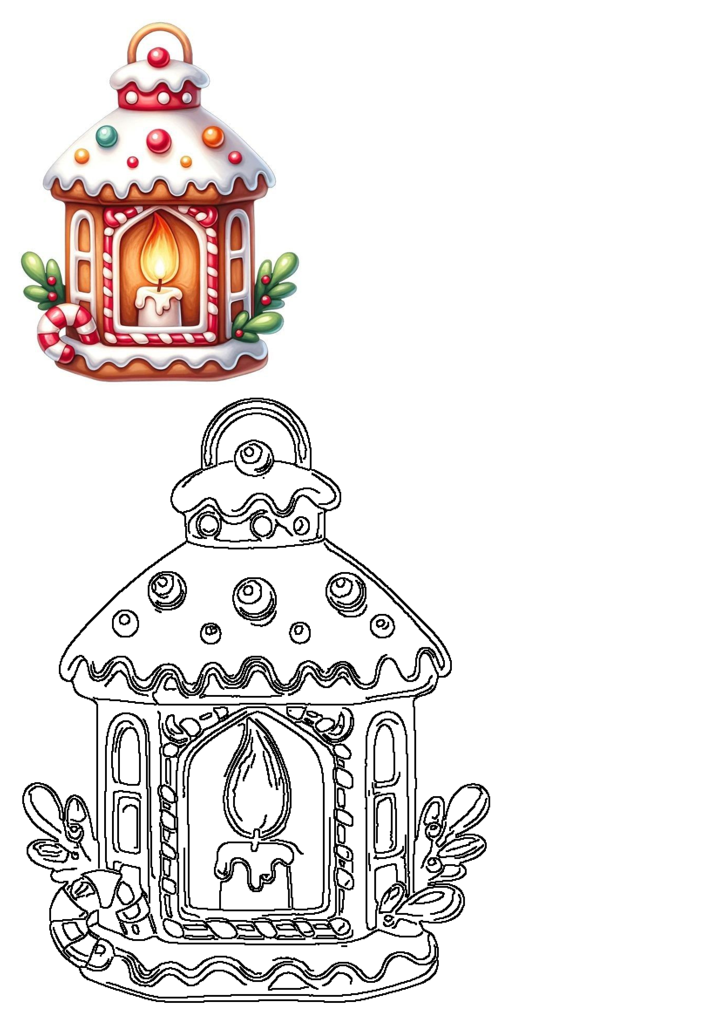 A festive gingerbread lantern with a lit candle, holly, and candy cane decorations, alongside its black outline version for coloring fun.