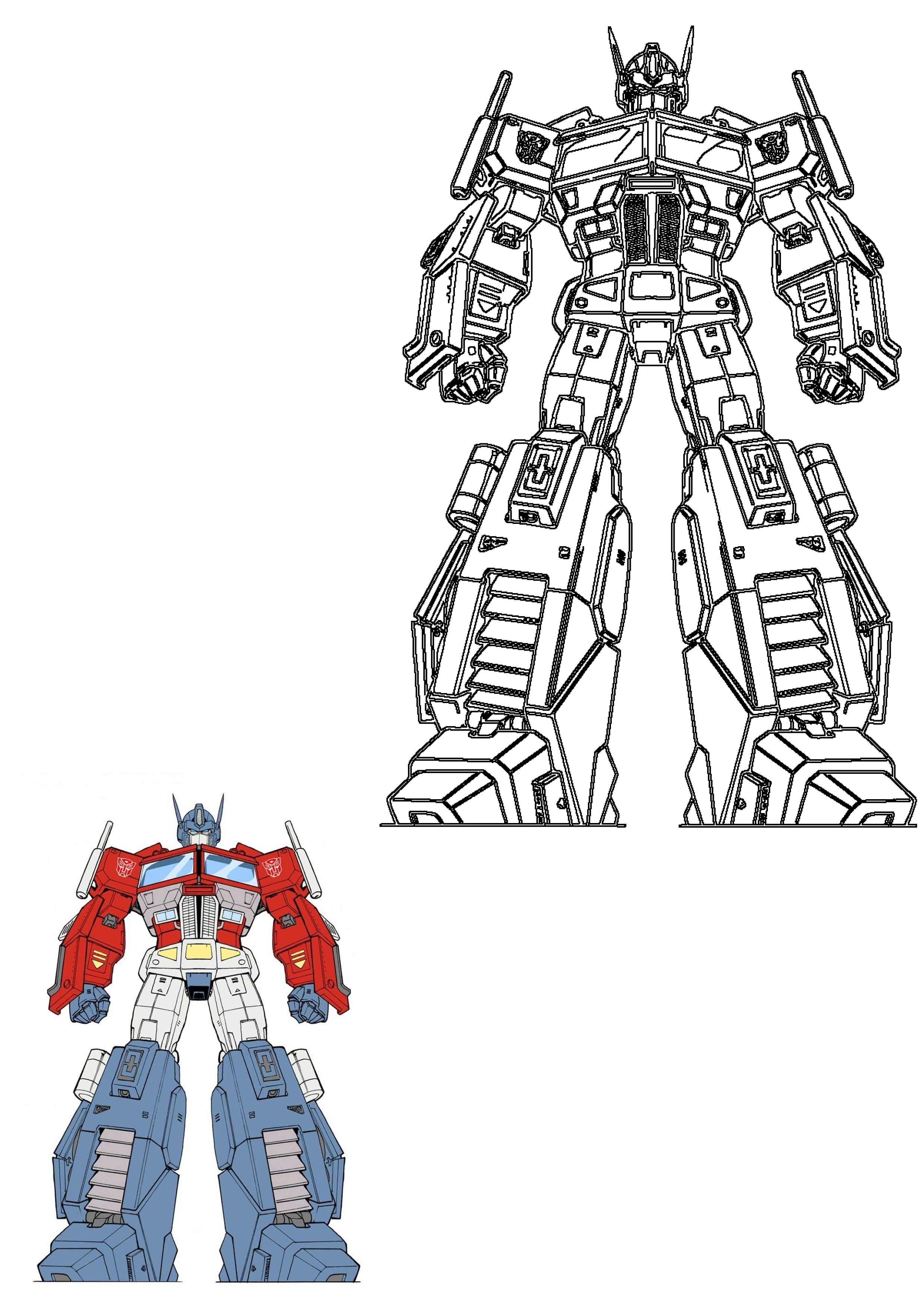 Detailed illustration of Optimus Prime G1, featuring both a fully colored version and a black outline drawing of the iconic Autobot.