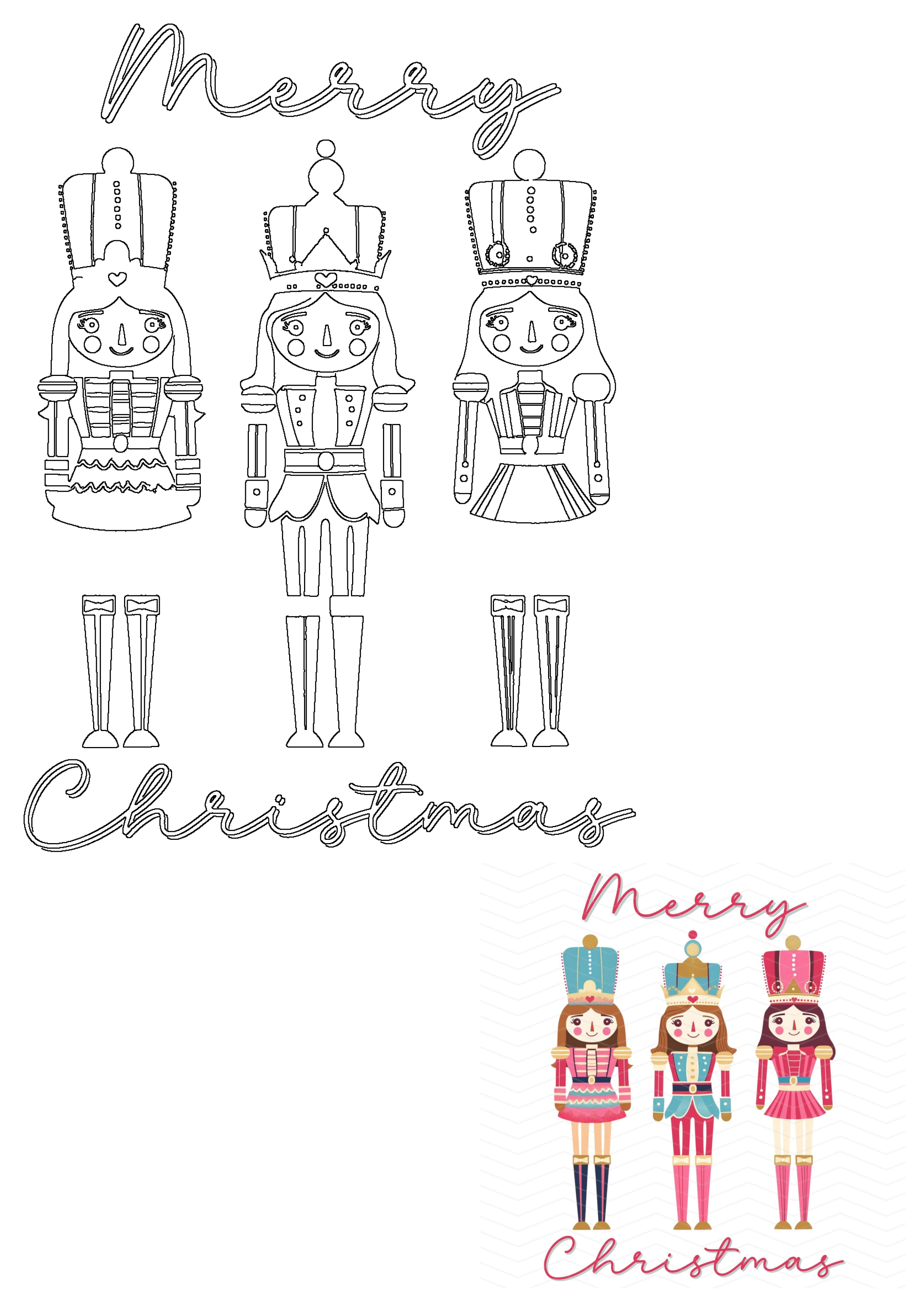 Festive design featuring outline and colored female nutcrackers with "Merry Christmas" text, perfect for holiday crafts and decor.