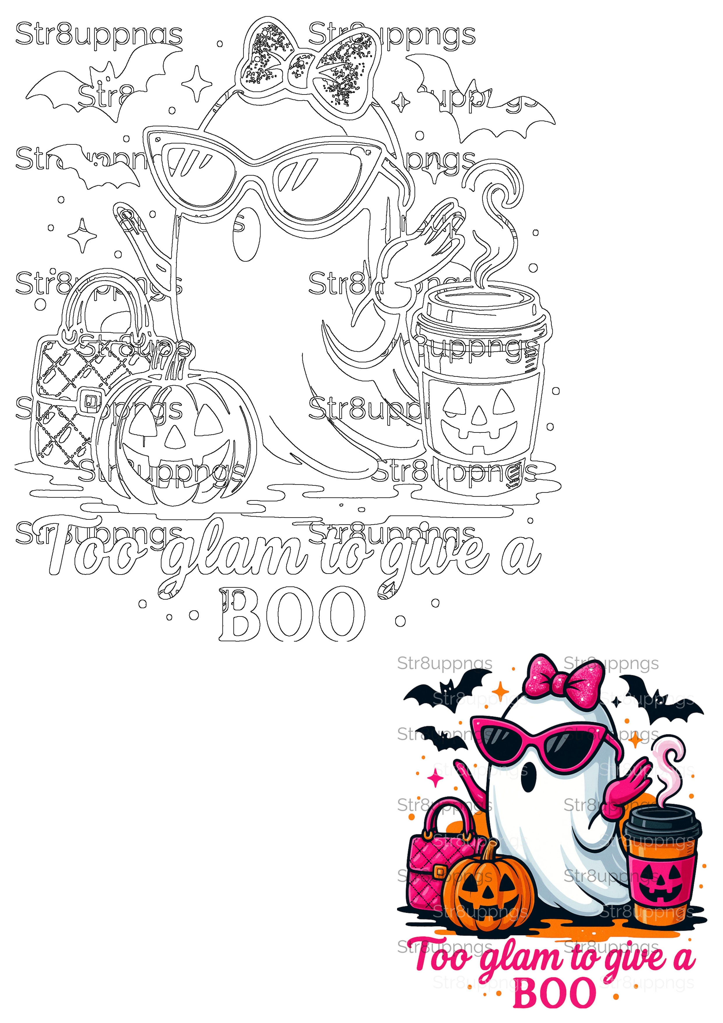 A stylish Halloween ghost wearing sunglasses & a bow, holding coffee & a bag, beside a pumpkin, with 'Too glam to give a BOO' text.