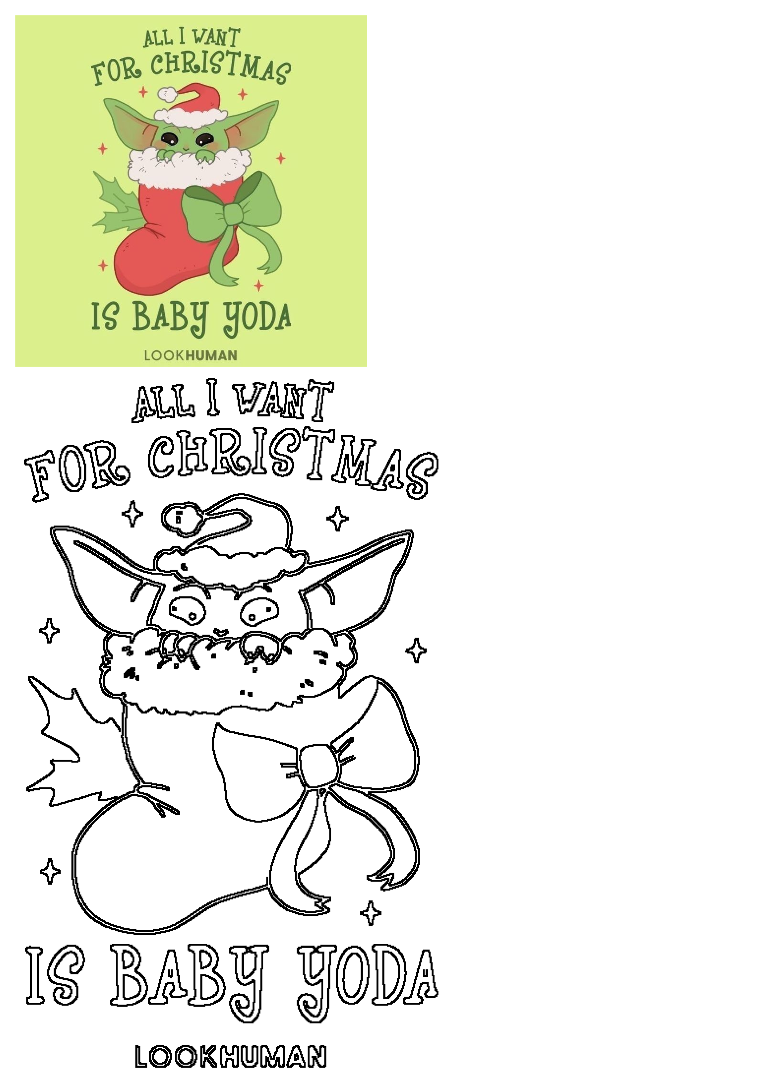 A cute Baby Yoda in a red Christmas stocking with a green bow and Santa hat, on a light green background. Features the text 'All I Want For Christmas Is Baby Yoda'.