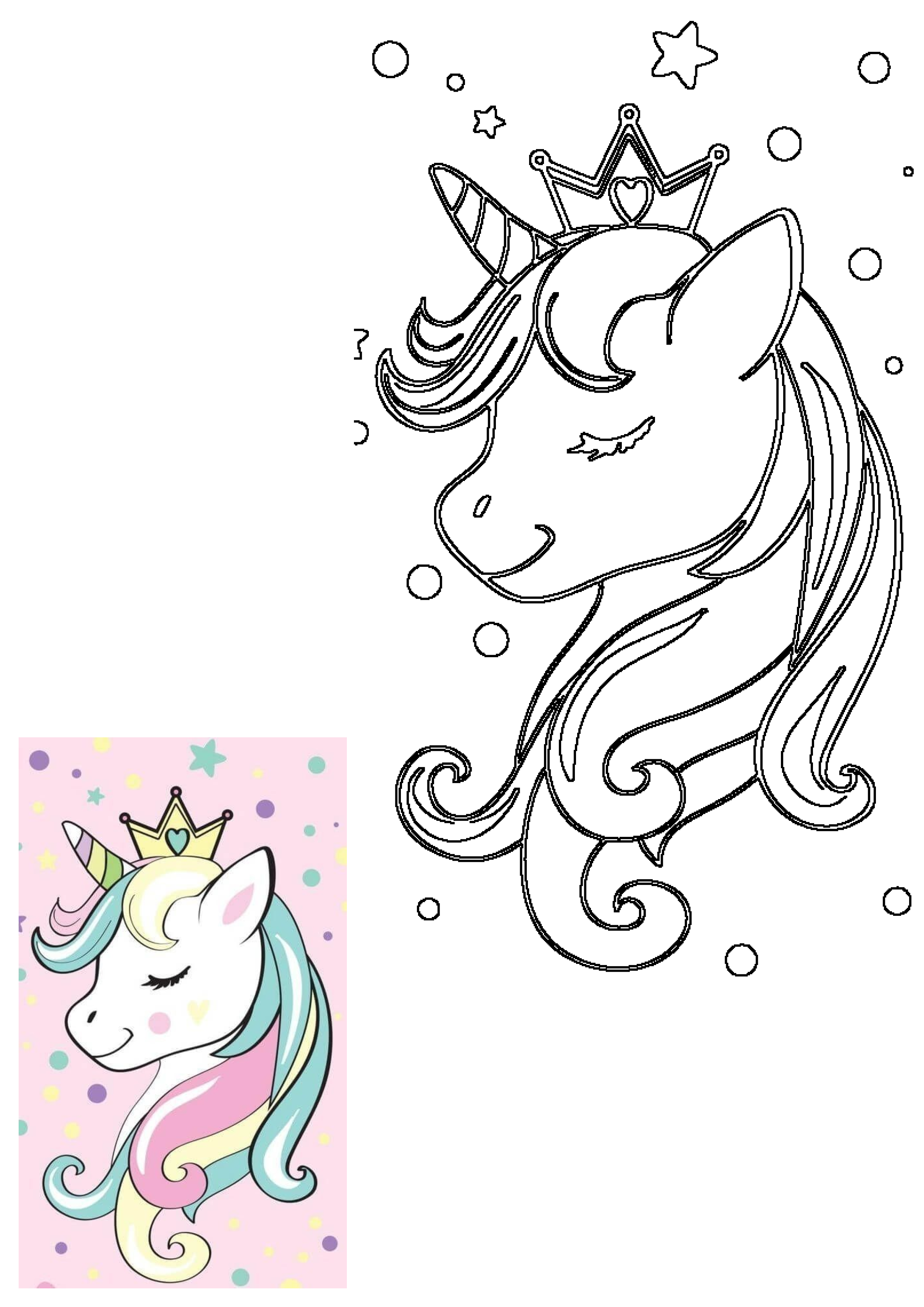 Cute unicorn princess head with a golden crown and flowing rainbow mane. Features a vibrant illustration and a clear outline drawing.