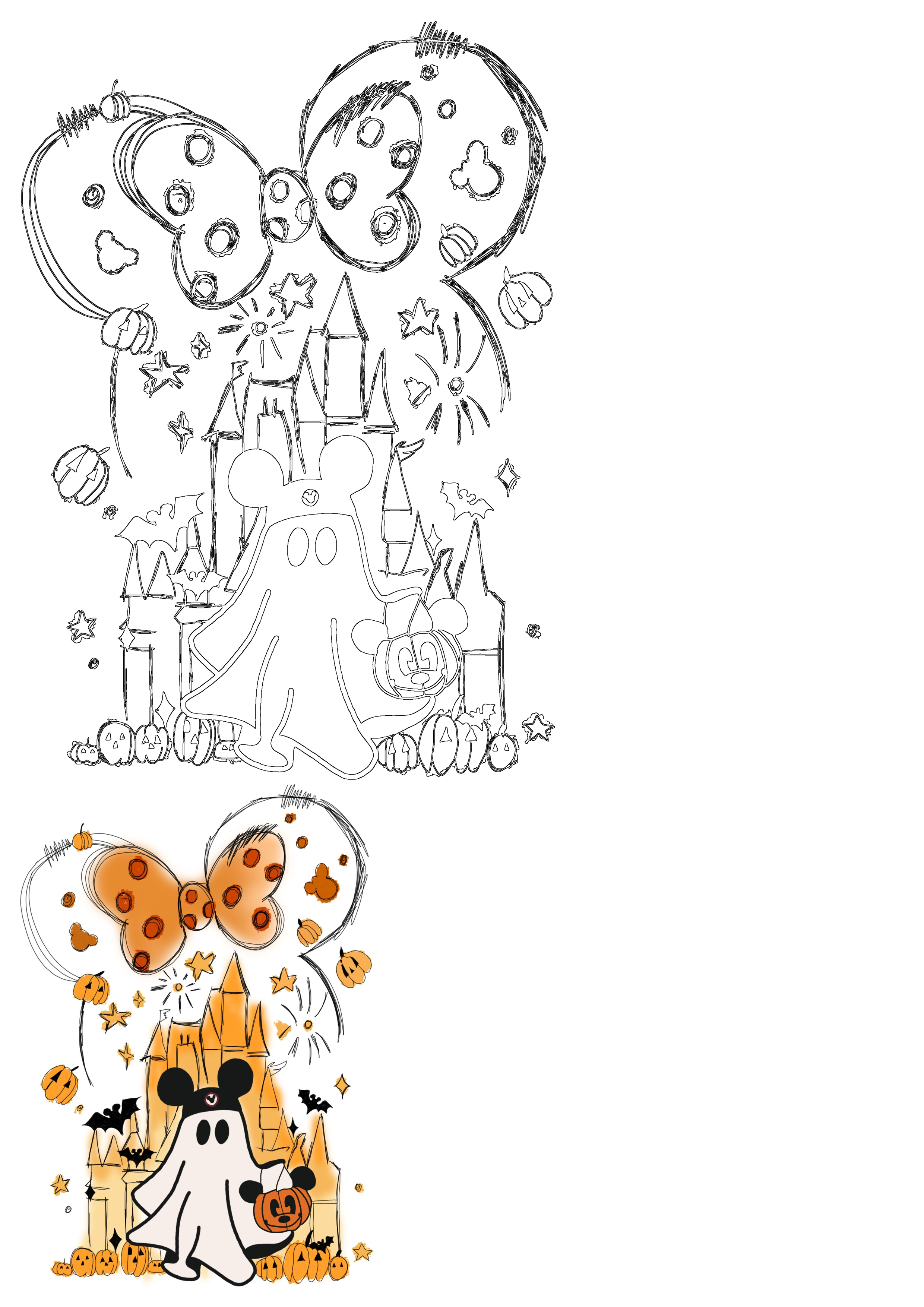 A delightful Halloween Disney Ghost Castle Pumpkin illustration showcasing a Mickey ghost, castle, Minnie bow, pumpkins, and bats.