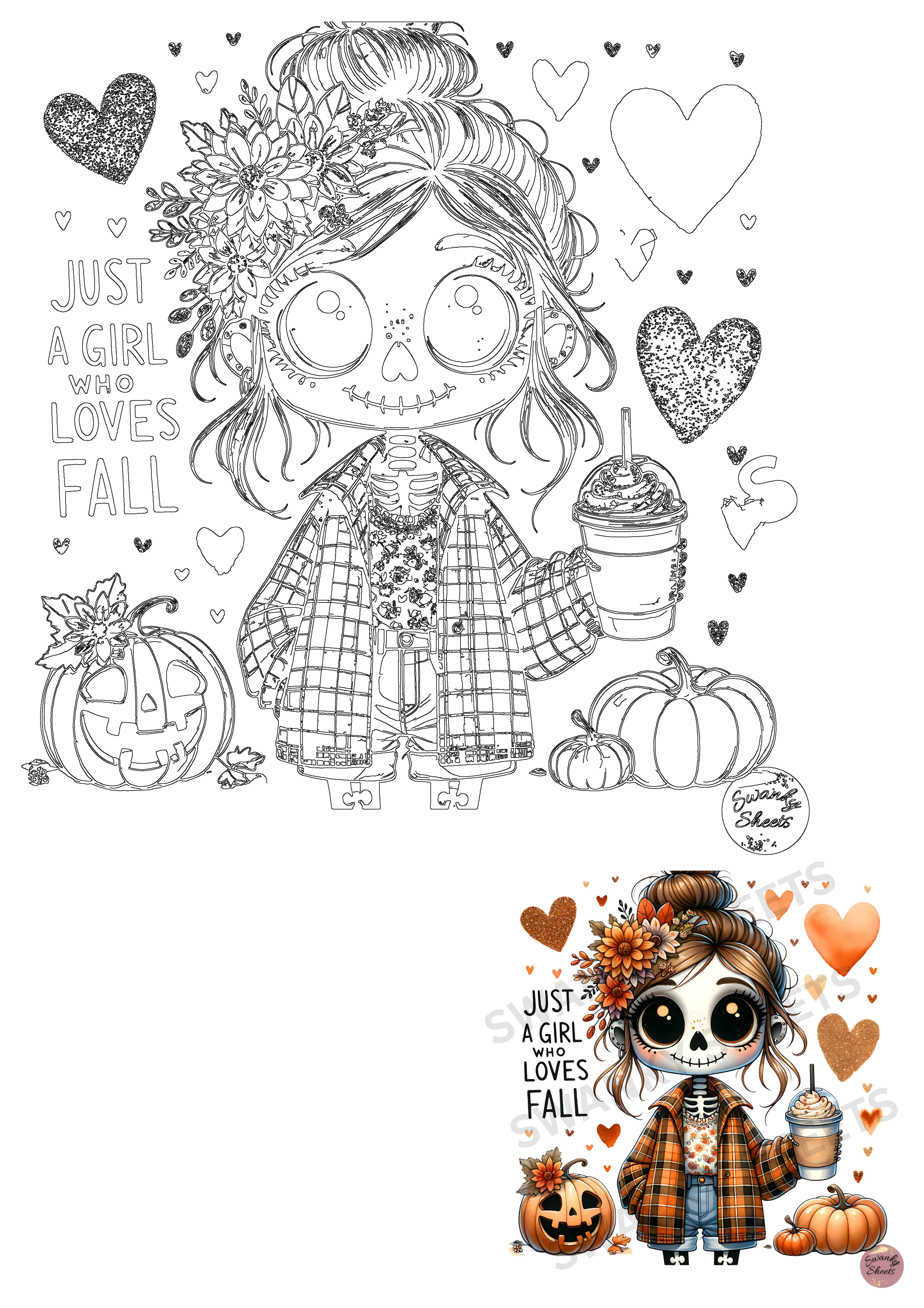 Cute cartoon skeleton girl drawing with a floral bun, plaid shirt, holding fall coffee, surrounded by pumpkins and text 'Just a girl who loves Fall'.