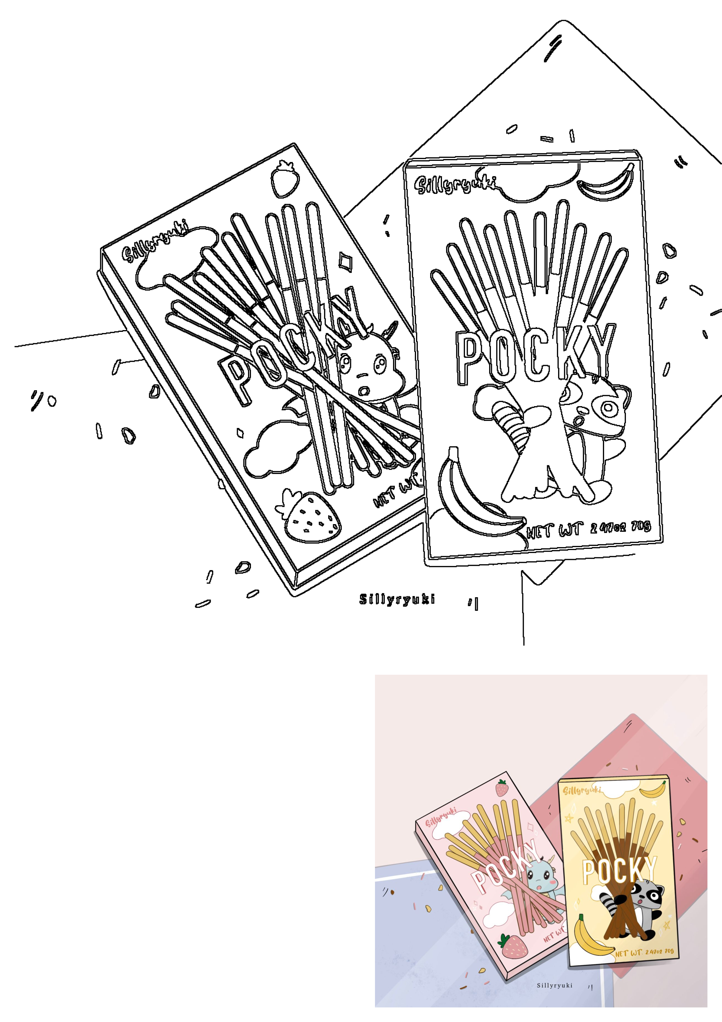 Cute Japanese Pocky snack stickers for Etsy shop business, featuring strawberry and banana flavors with charming characters.