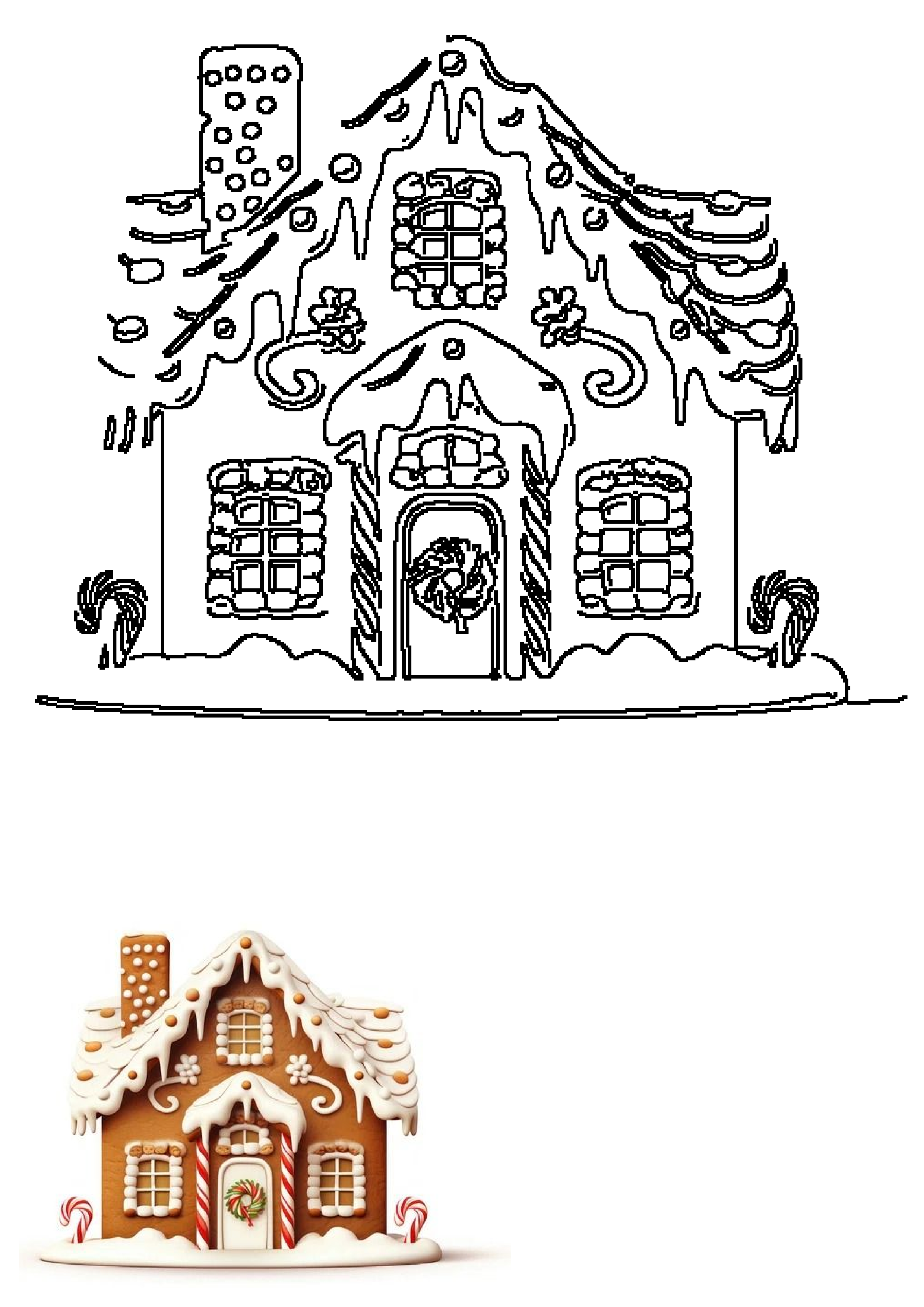 Detailed outline template of a gingerbread house featuring icing, windows, and wreath, paired with its beautifully decorated version.