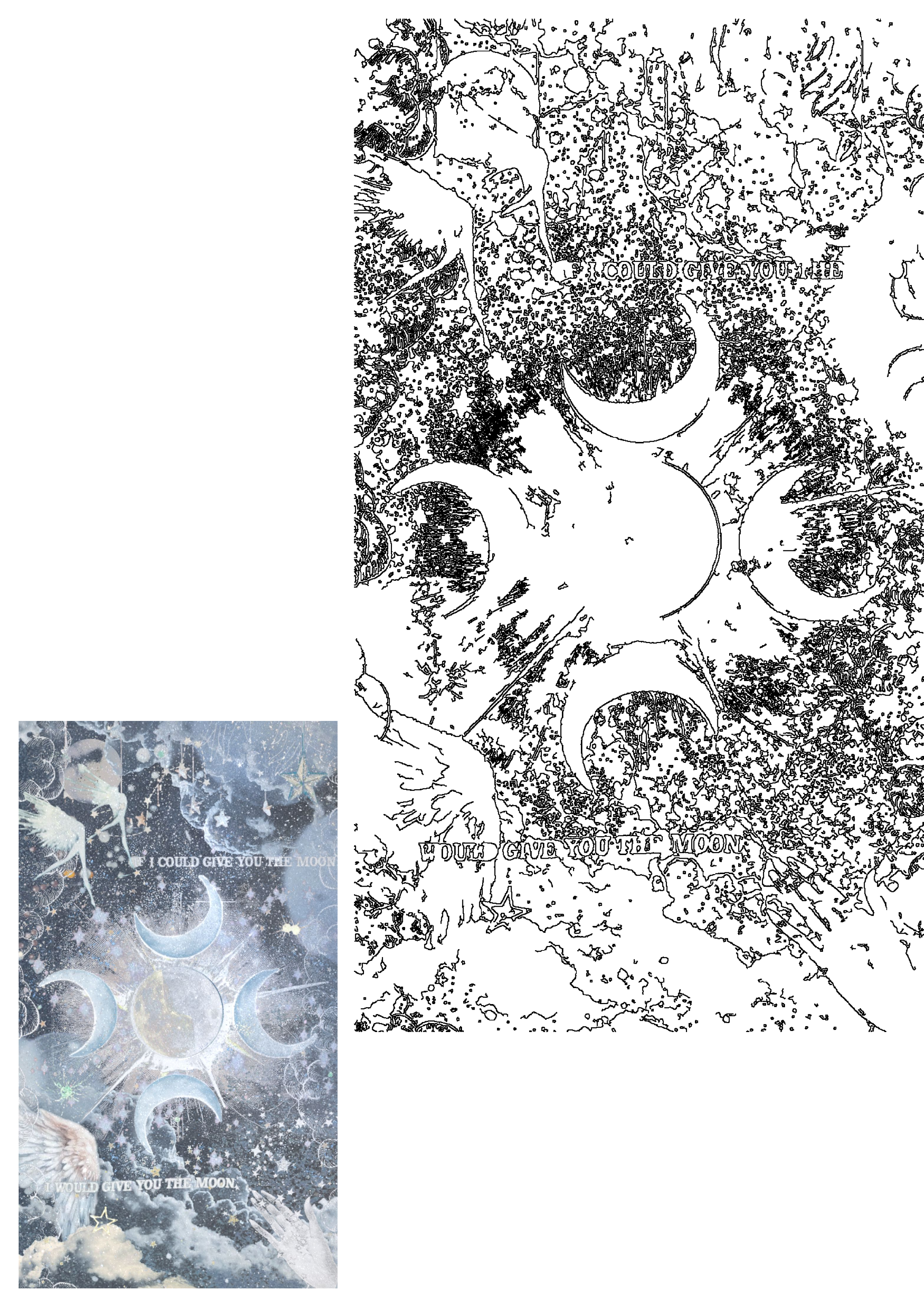 Dreamy vintage celestial art with moons, sparkling stars, and hands reaching up against a cosmic sky. Features 'I Would Give You The Moon'.