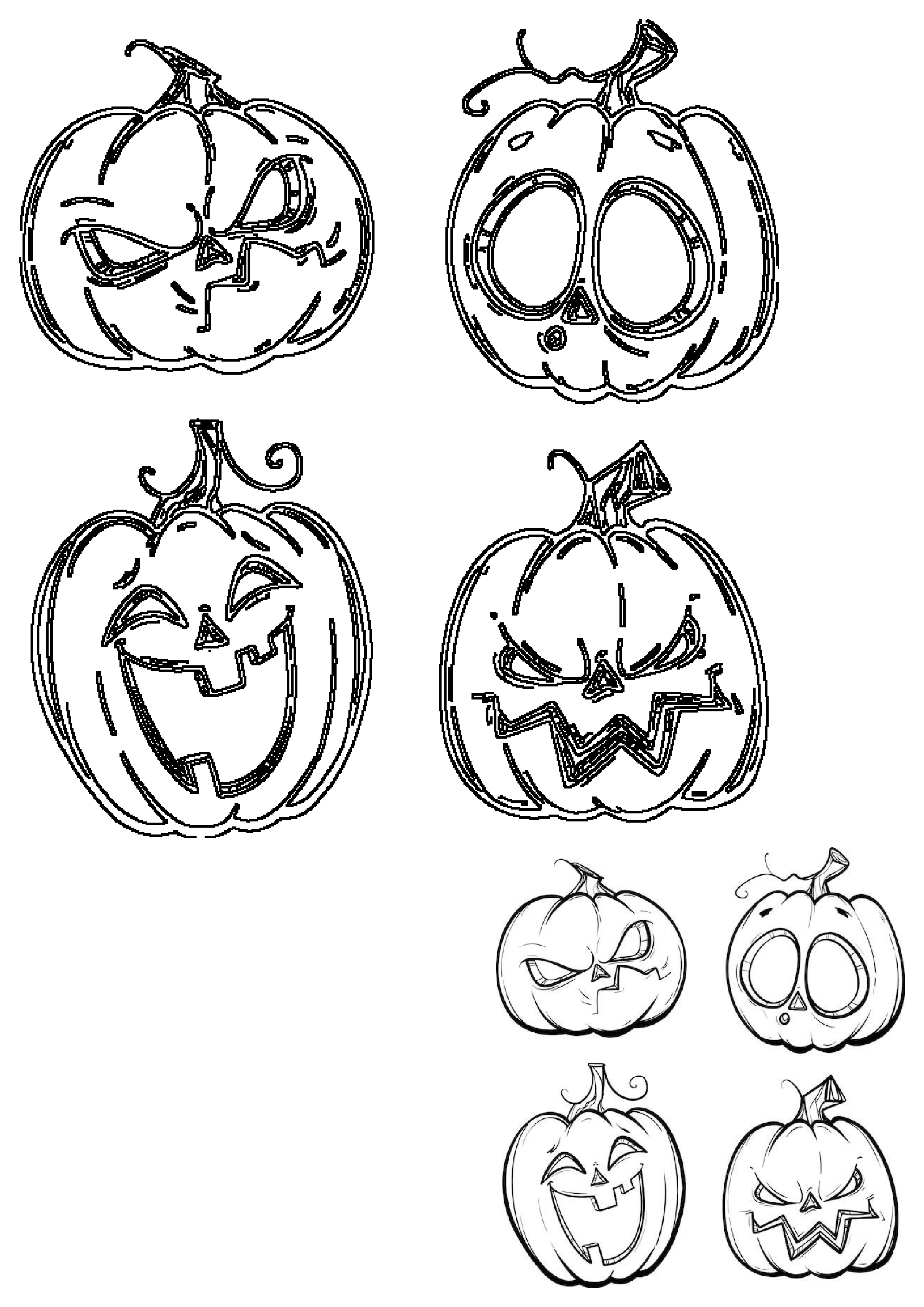 A collection of cartoon Halloween jack-o'-lantern line art, featuring various spooky and happy pumpkin faces.
