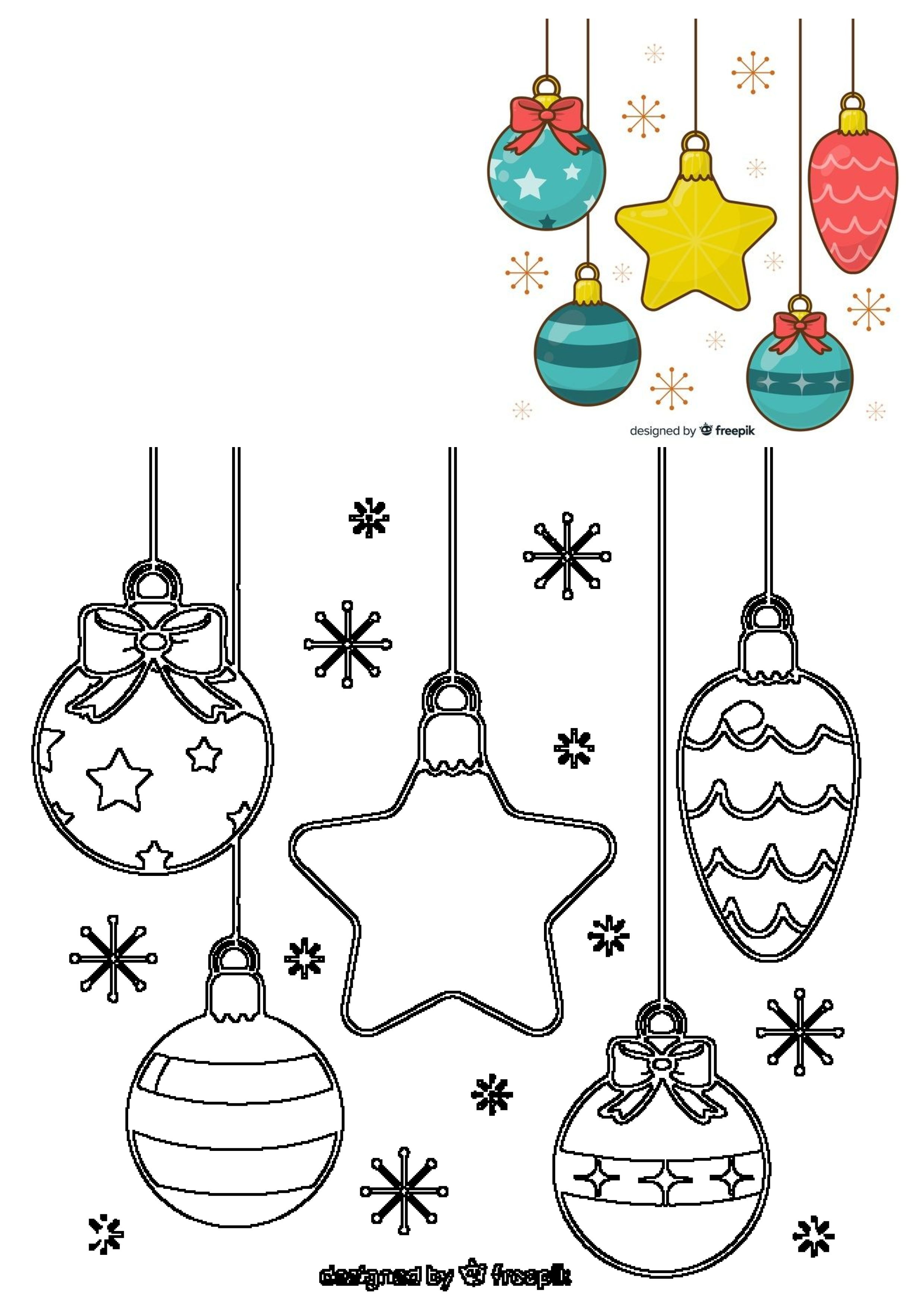 Festive Christmas ornaments, baubles, and star decorations, presented as vibrant illustrations and outlines for coloring fun.