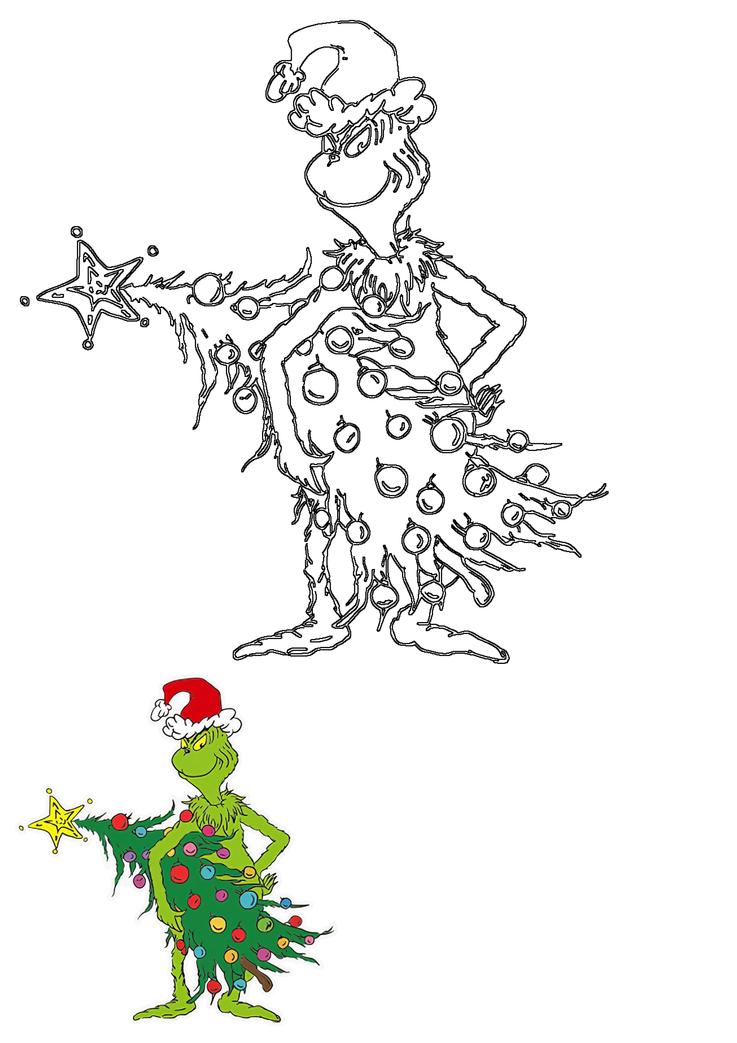 An outline drawing of the Grinch, in a Santa hat, holding a festive Christmas tree adorned with ornaments and a star.
