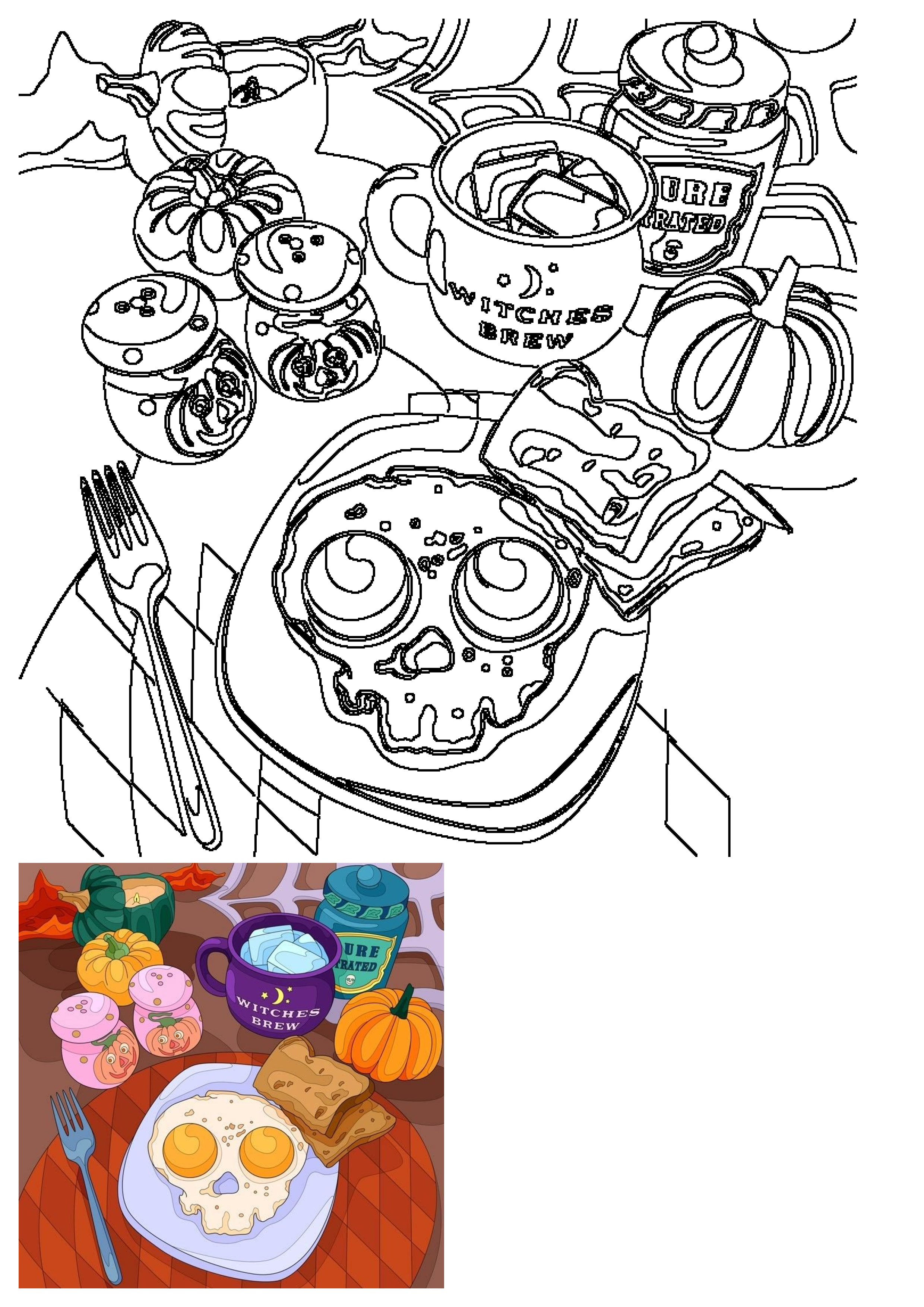 A spooky Halloween breakfast scene featuring skull-shaped fried eggs, a 'Witches Brew' mug, festive pumpkins, and decorative jars.