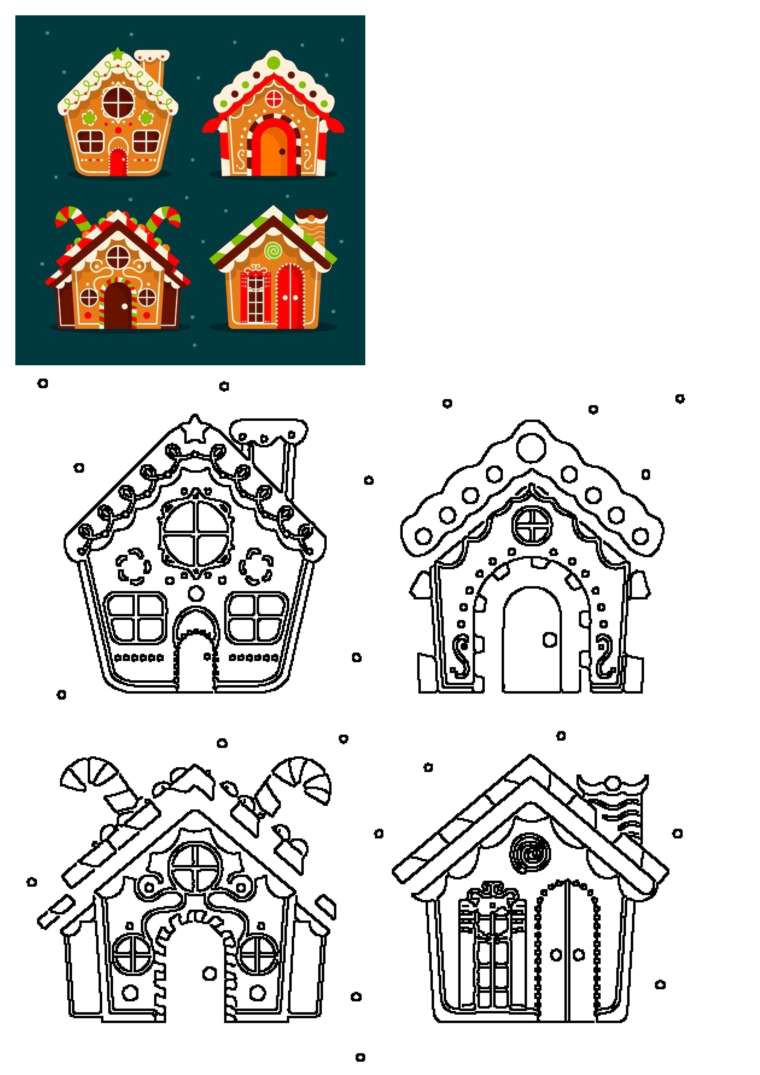 A vibrant collection of festive gingerbread house illustrations and their outlines, adorned with candy and icing, perfect for holiday crafts.