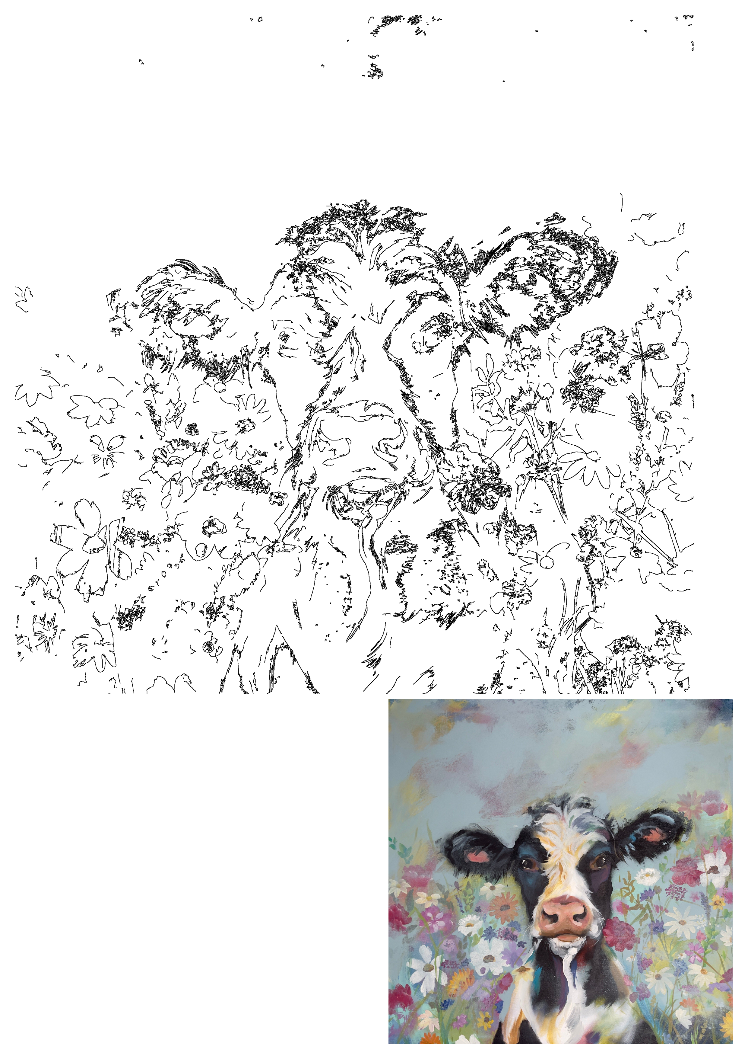Outline drawing of a soft heart cow amidst flowers, paired with its vibrant full-color farm animal art print.