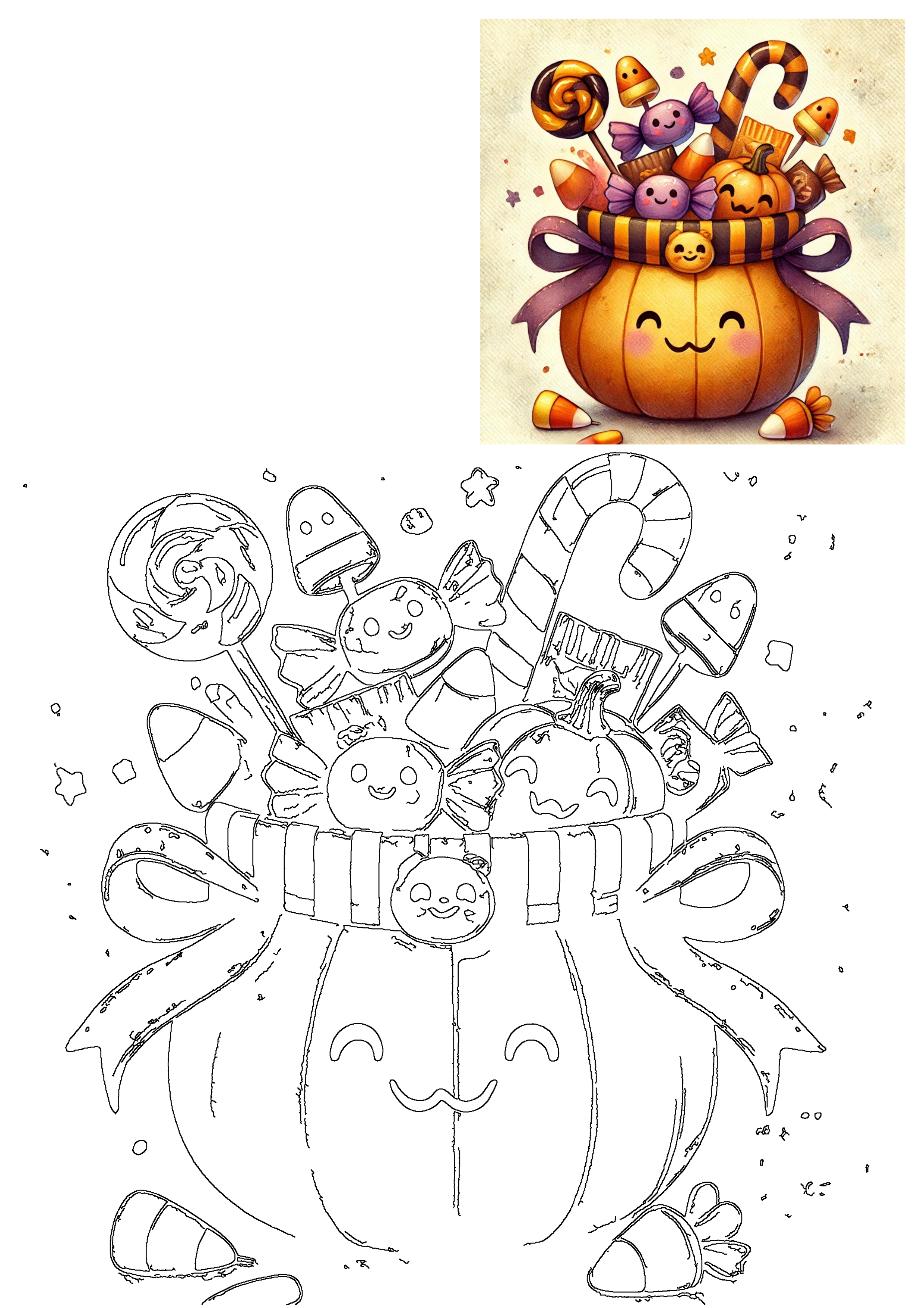 Adorable cartoon pumpkin overflowing with Halloween candy, including lollipops, candy corn, and wrapped sweets with smiling faces.