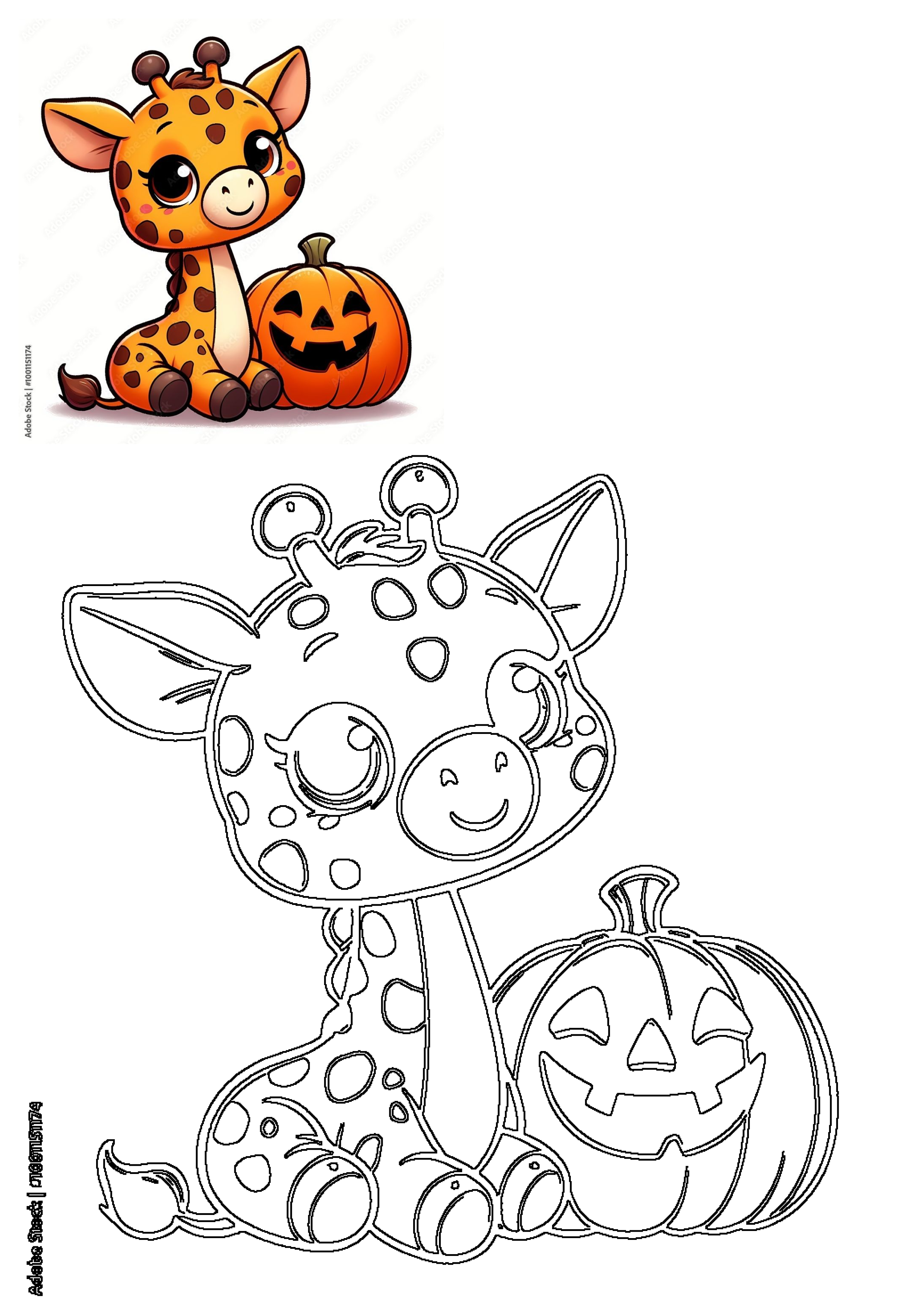 A charming cartoon giraffe with a Halloween pumpkin illustration and a matching outline for kids' autumn activities.