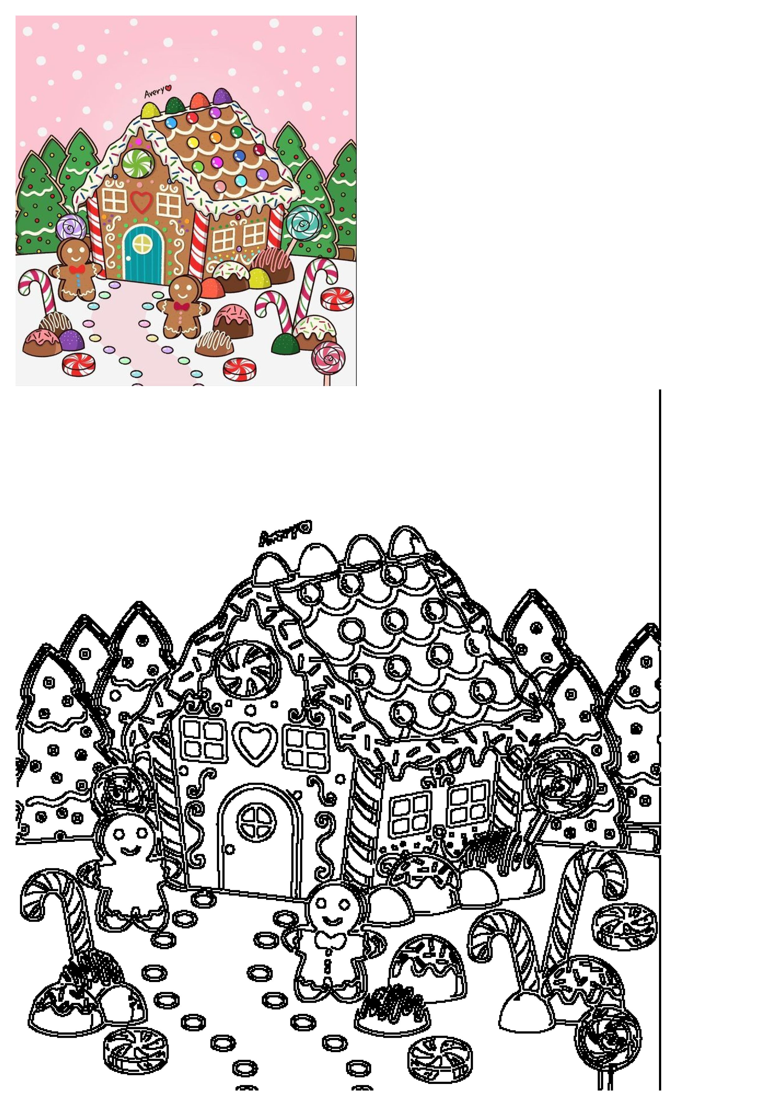 Festive gingerbread house illustration adorned with colorful candy, sprinkles, and gingerbread men in a sweet winter wonderland.
