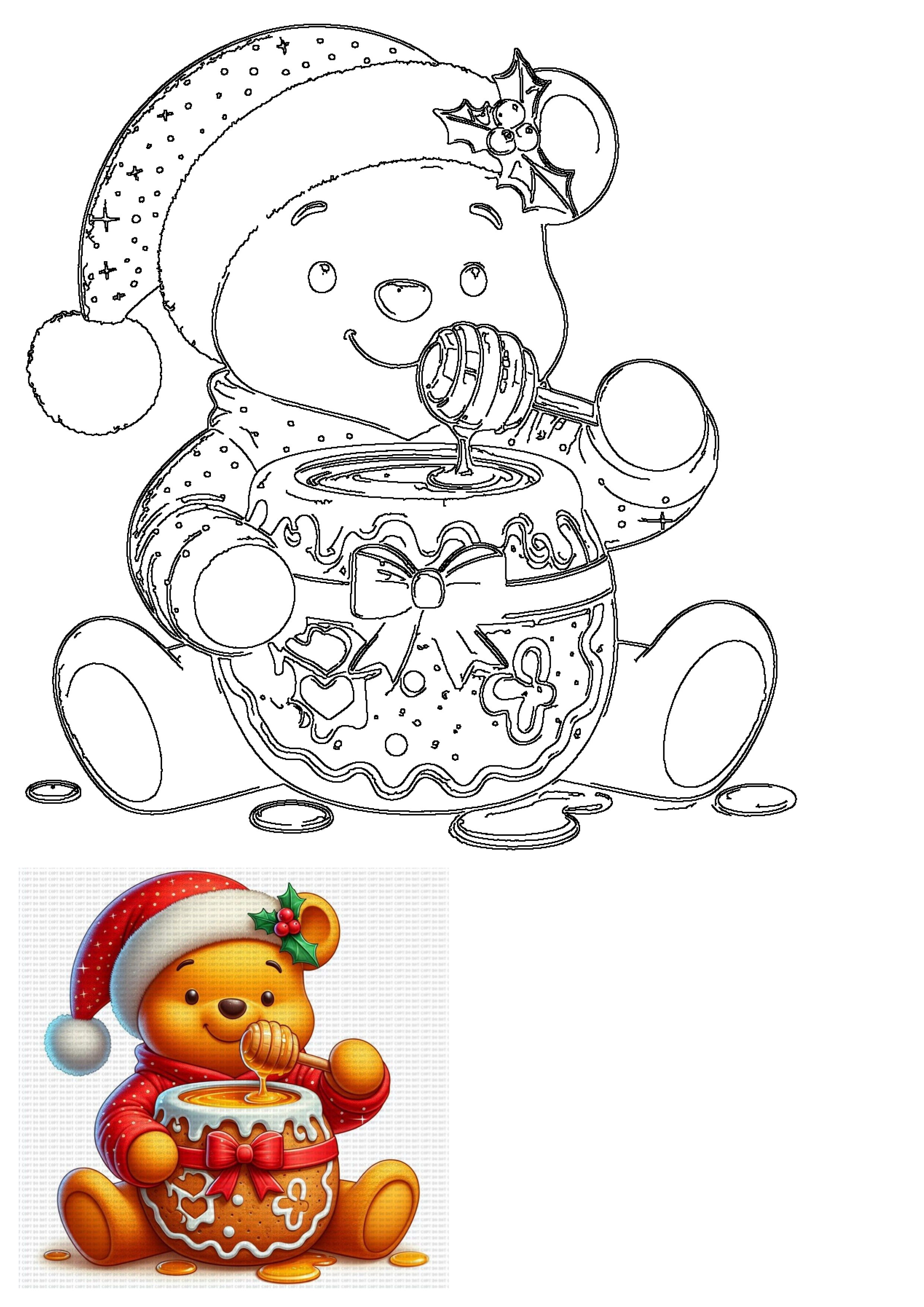 An adorable festive bear wearing a Santa hat, holding a honey dipper over a sweet gingerbread pot. Merry holiday design.