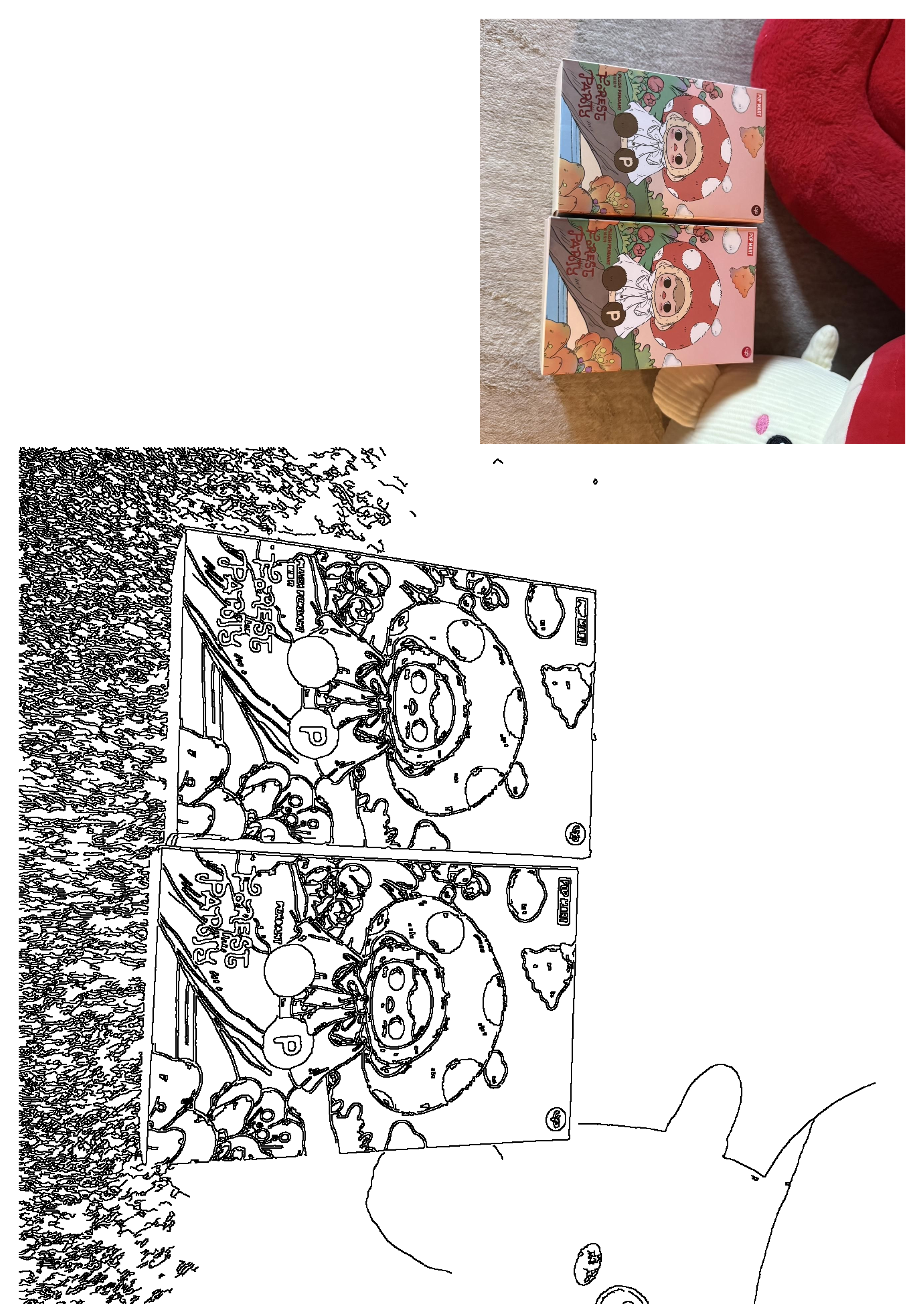 Two Depop Forest Party blind boxes with mushroom-hat doll plush pendants, showing "Forest Party" text and Pop Mart logo.