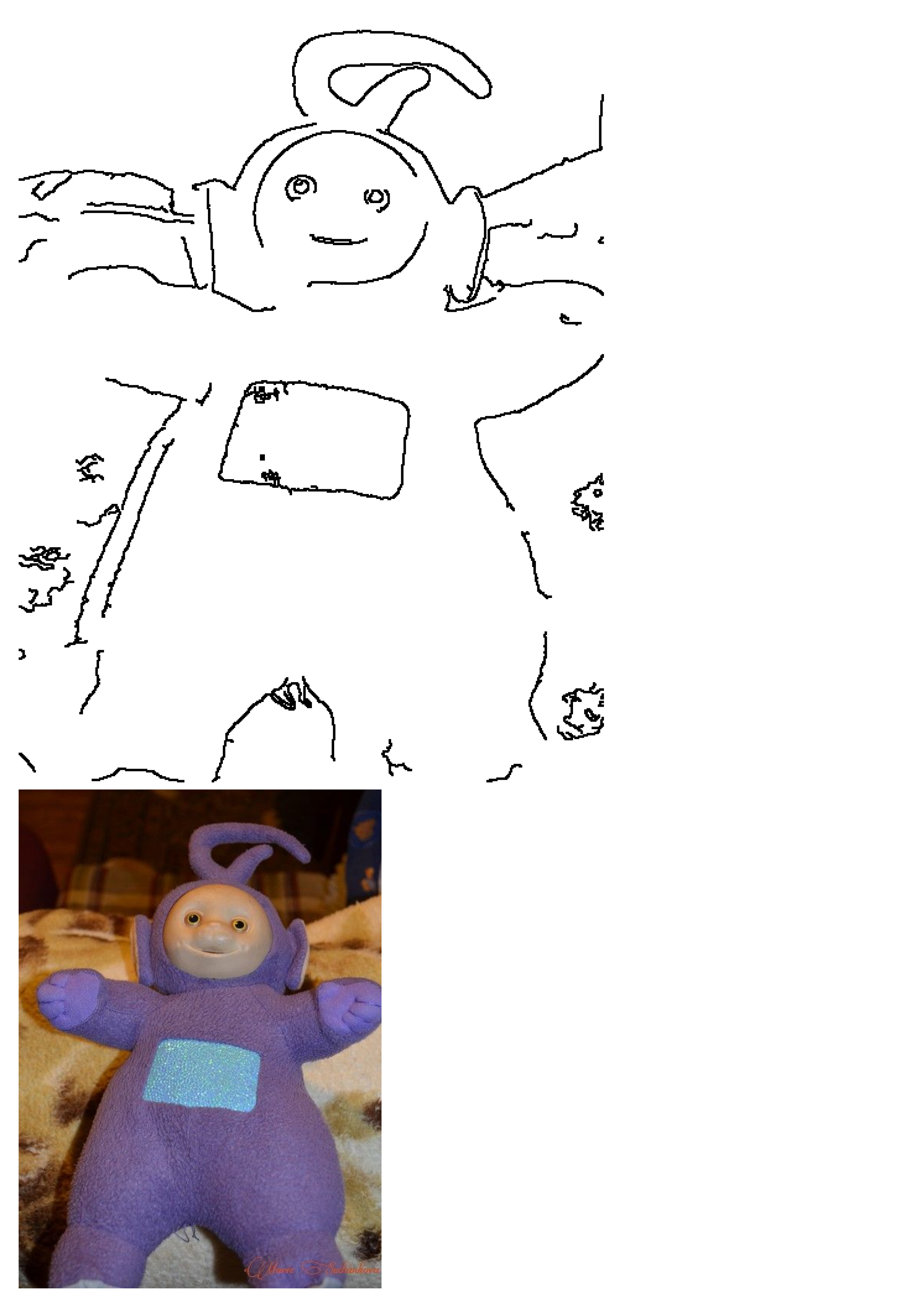 Tinky Winky purple Teletubby plush toy for sale, depicted with a sparkly blue belly screen. Accompanied by a black and white line drawing.