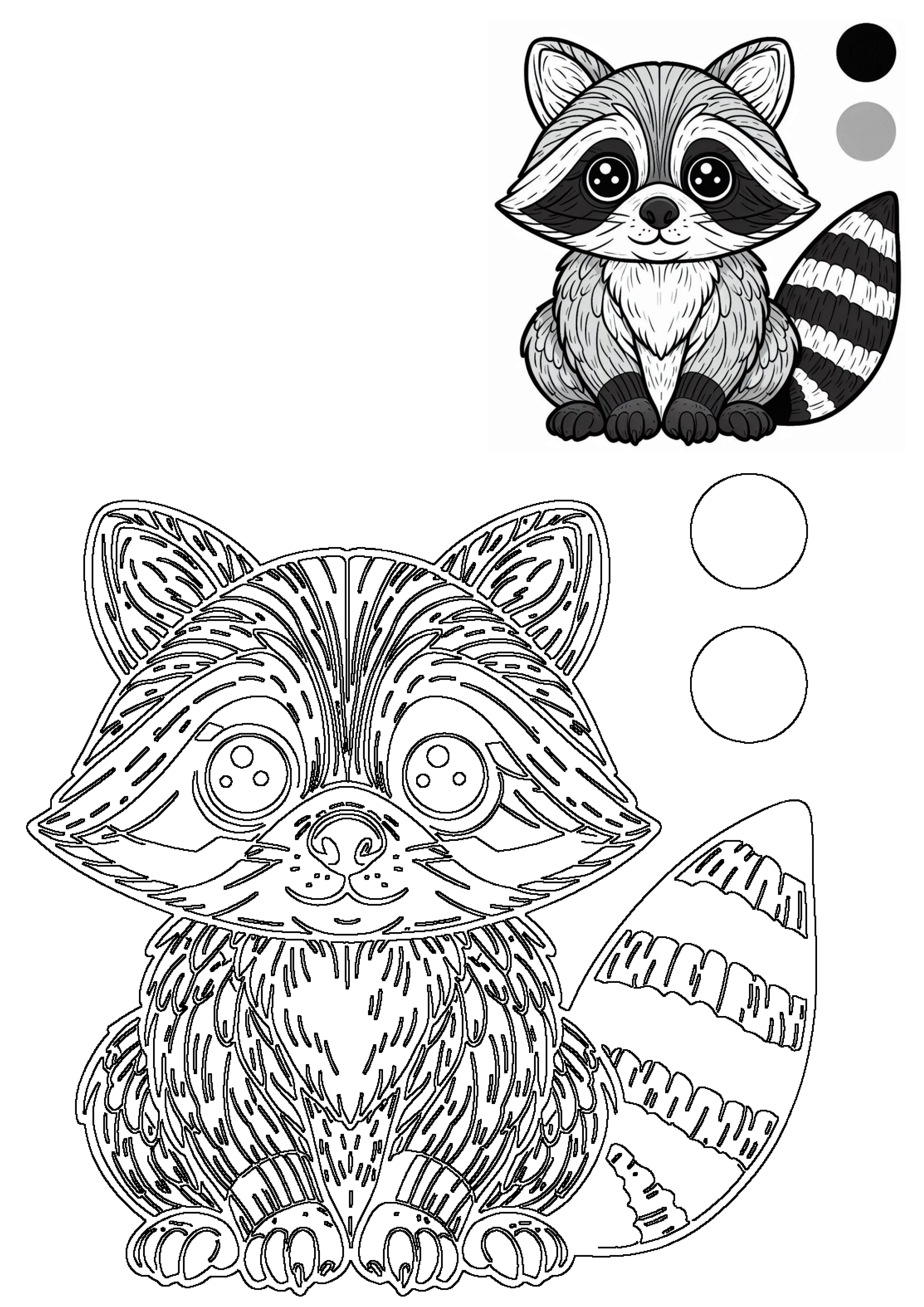 Cute cartoon raccoon sitting with wide open eyes. Features both a vibrant colored version and a black outline for kids to color.