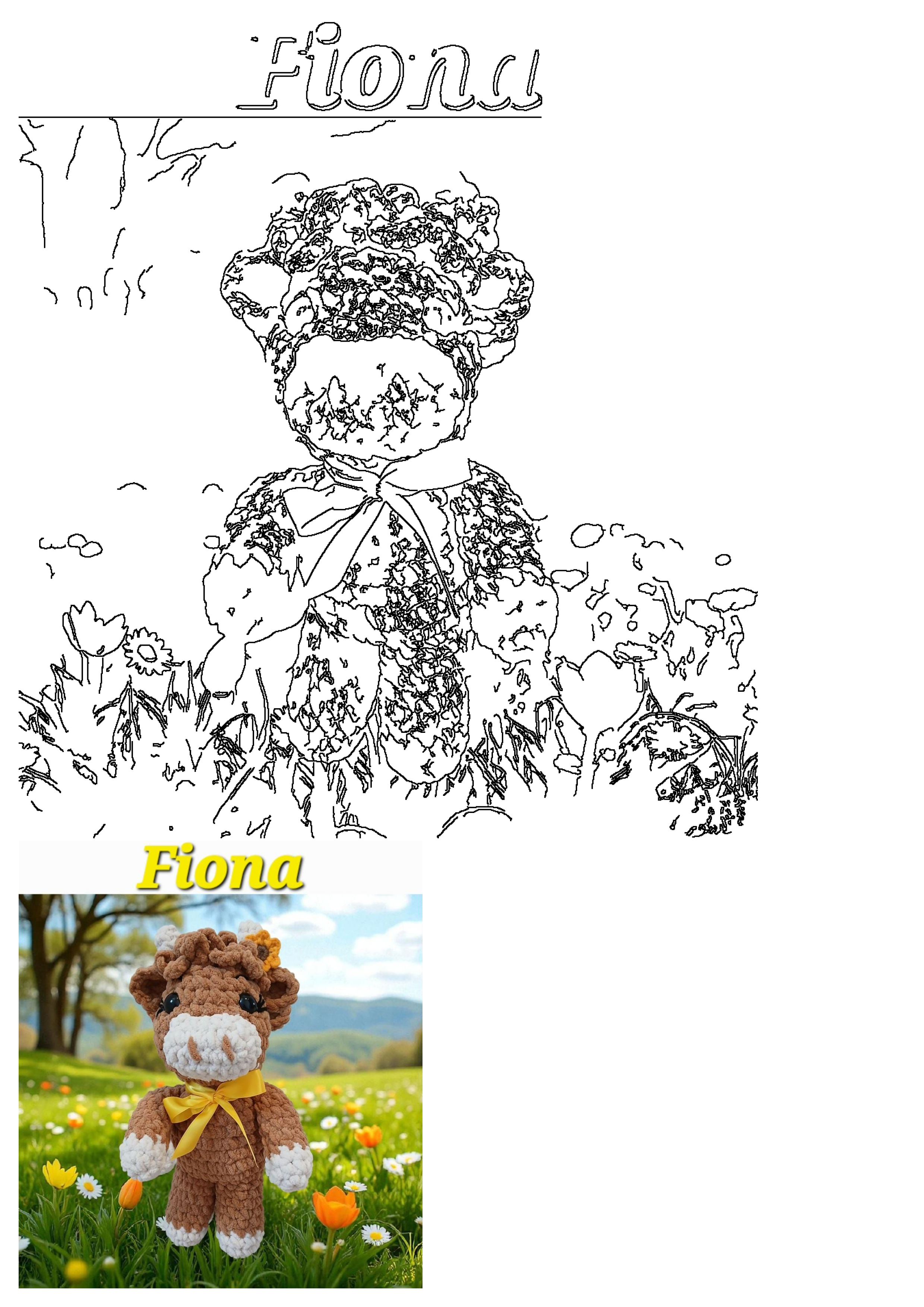 Fiona, a charming crocheted brown and white cow plush toy with a yellow ribbon, stands in a vibrant grass field among colorful flowers.