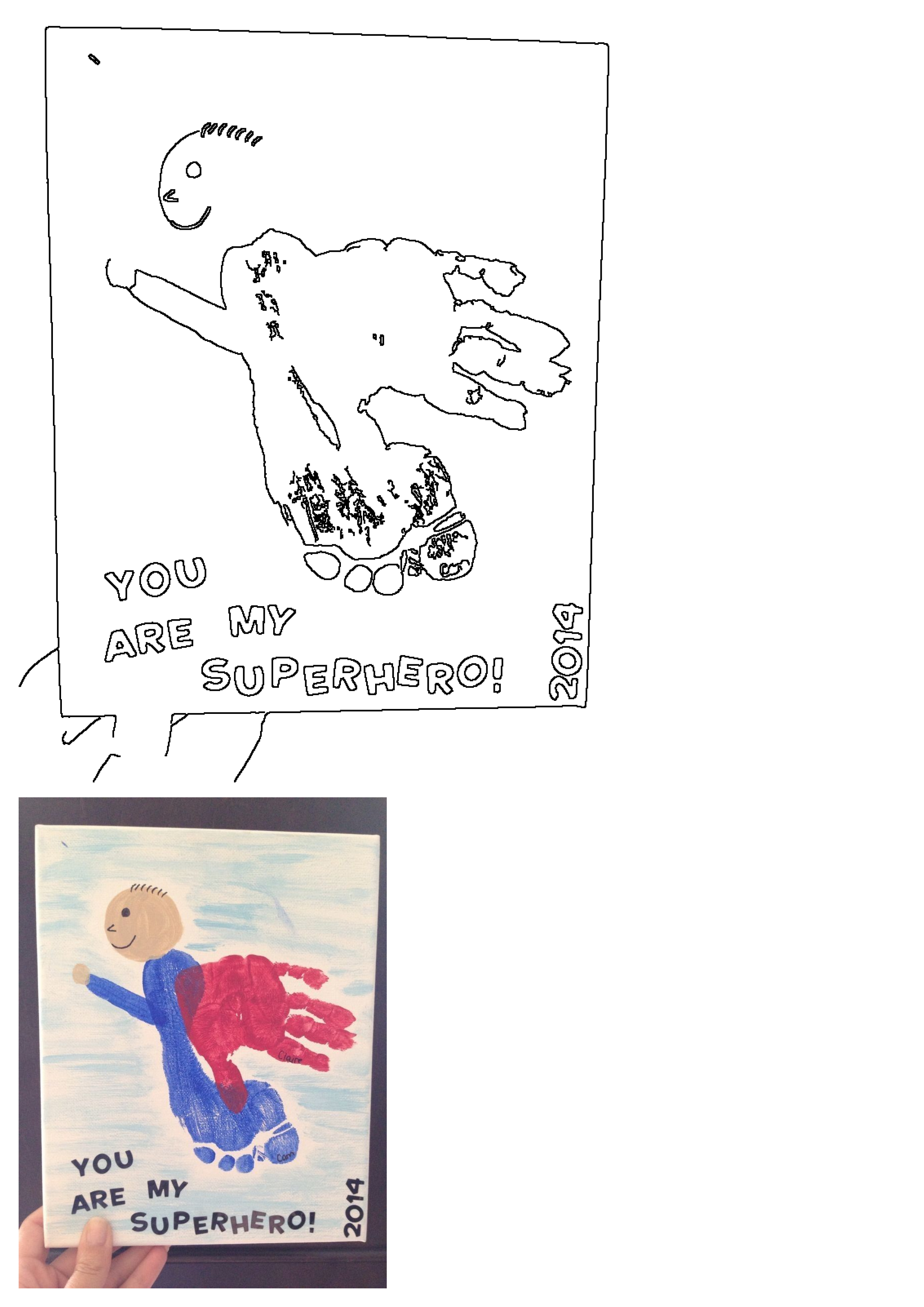 DIY superhero art canvas featuring child's blue footprint body and red handprint cape. Reads 'YOU ARE MY SUPERHERO!' A perfect keepsake gift.