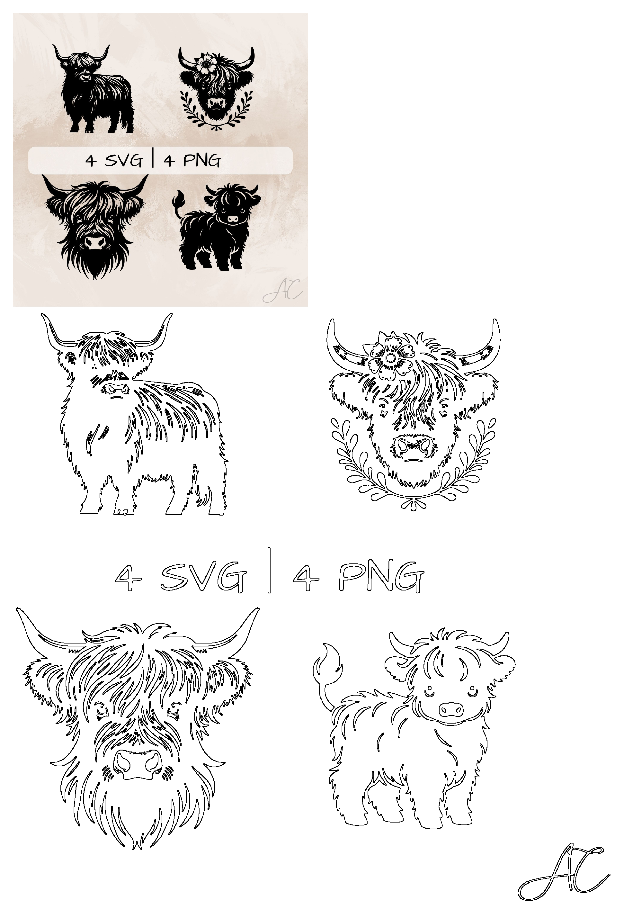 Highland cow SVG PNG bundle showcases hand-drawn floral clipart of adult cows and calves in detailed silhouette and outline styles.