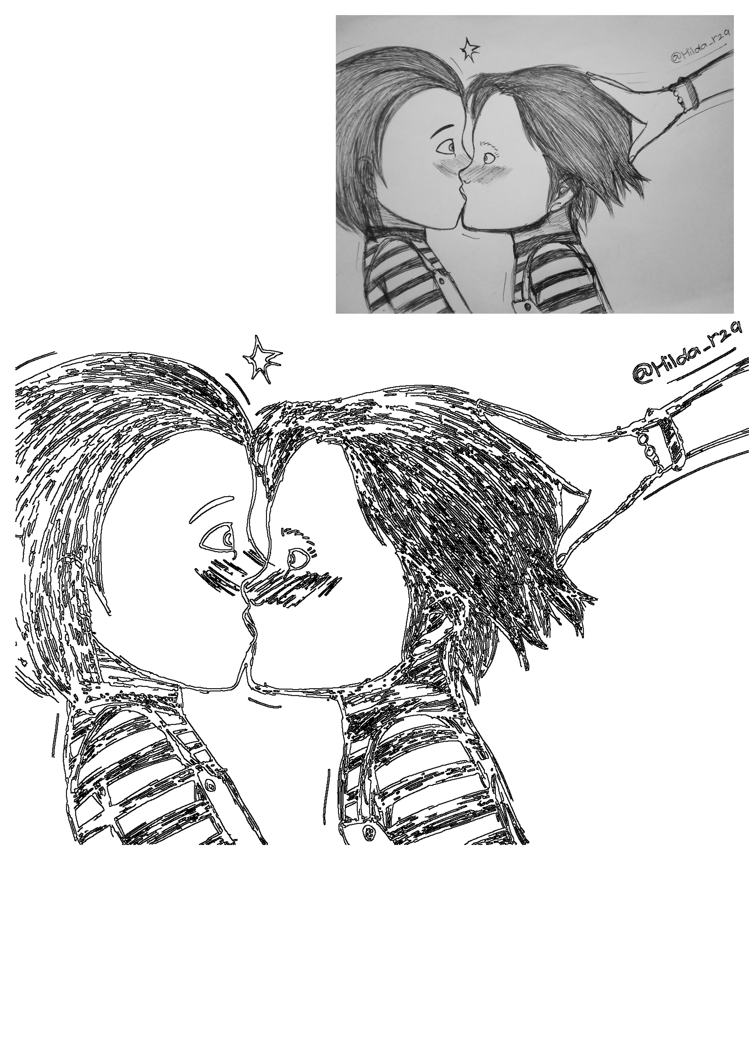 A detailed fan art pencil sketch of Chucky and a Good Guys Buddi doll in a surprising, blush-filled kiss, with a hand pulling hair.