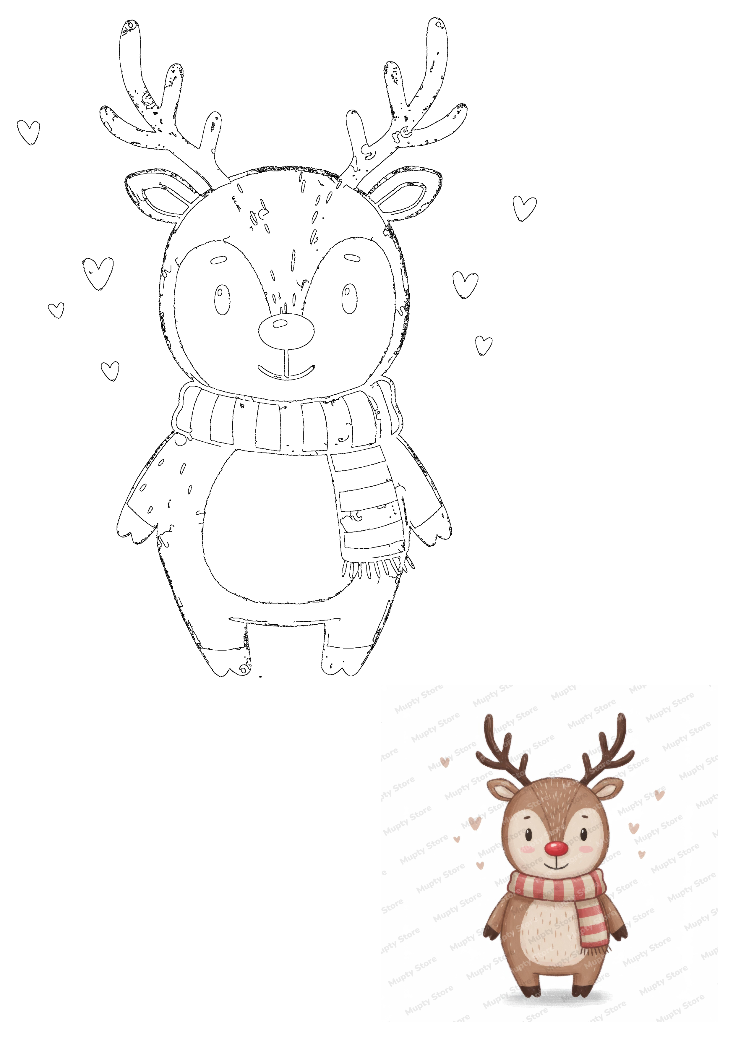 Cute cartoon reindeer in a striped scarf surrounded by hearts. Includes both a black and white outline and a vibrant colored illustration.