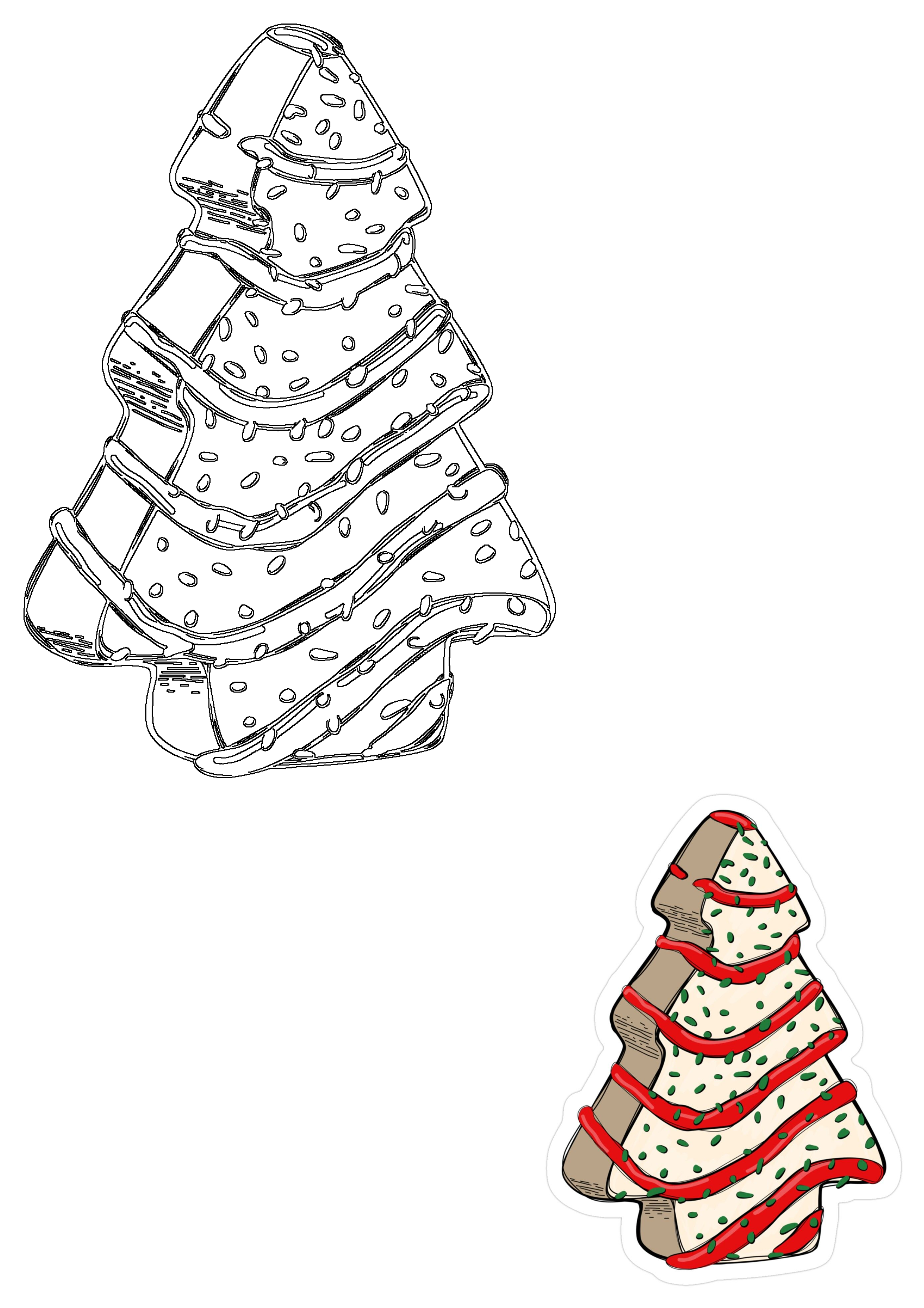 Christmas tree cookie art: a black and white outline and a decorated version with red icing and green sprinkles. Ideal for holiday designs.