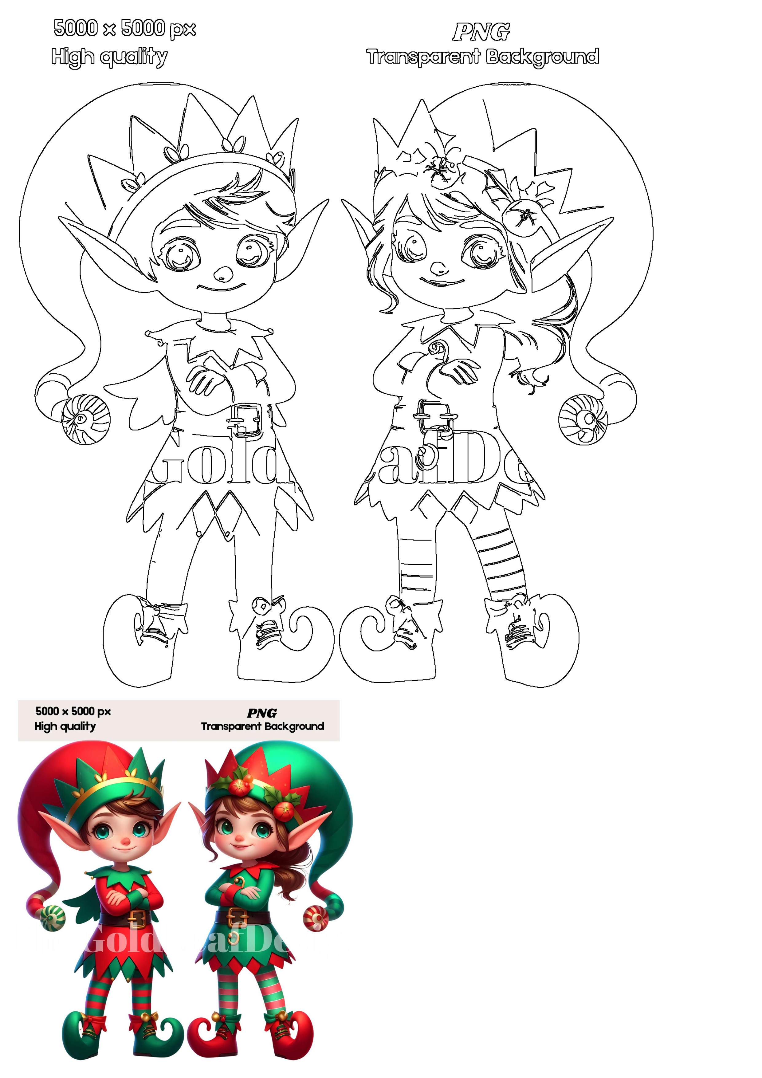 Festive Christmas boy and girl elves. Adorable holiday characters in red & green outfits, provided as vibrant PNGs and outline drawings.