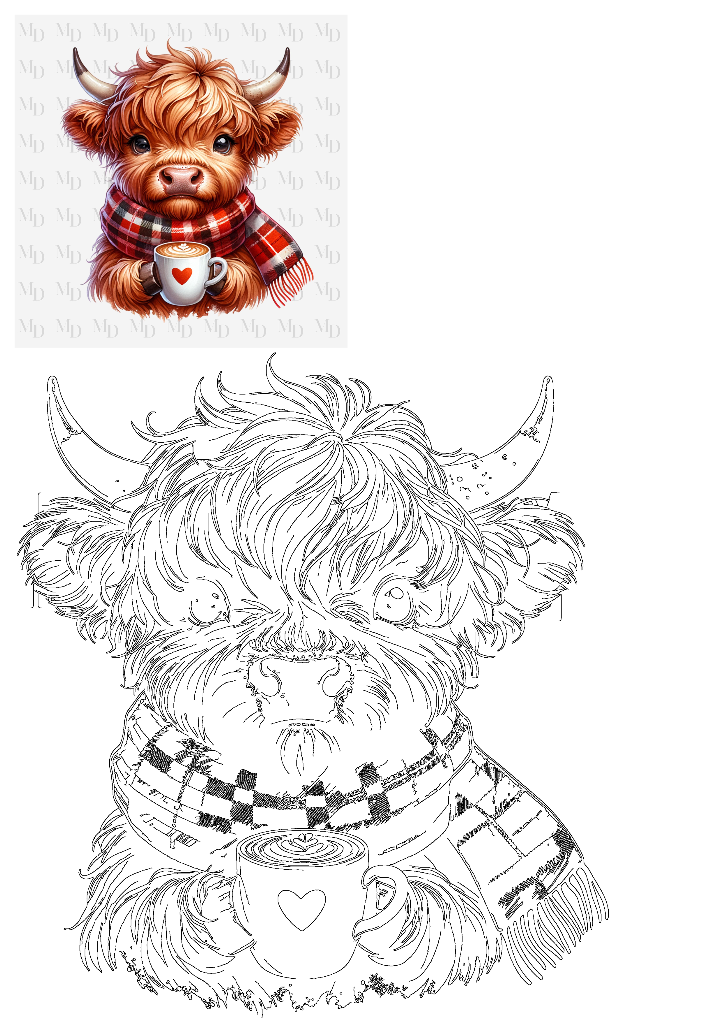 Adorable fluffy Highland cow with horns, cozily wrapped in a red plaid scarf, holding a white coffee cup with a heart latte art.