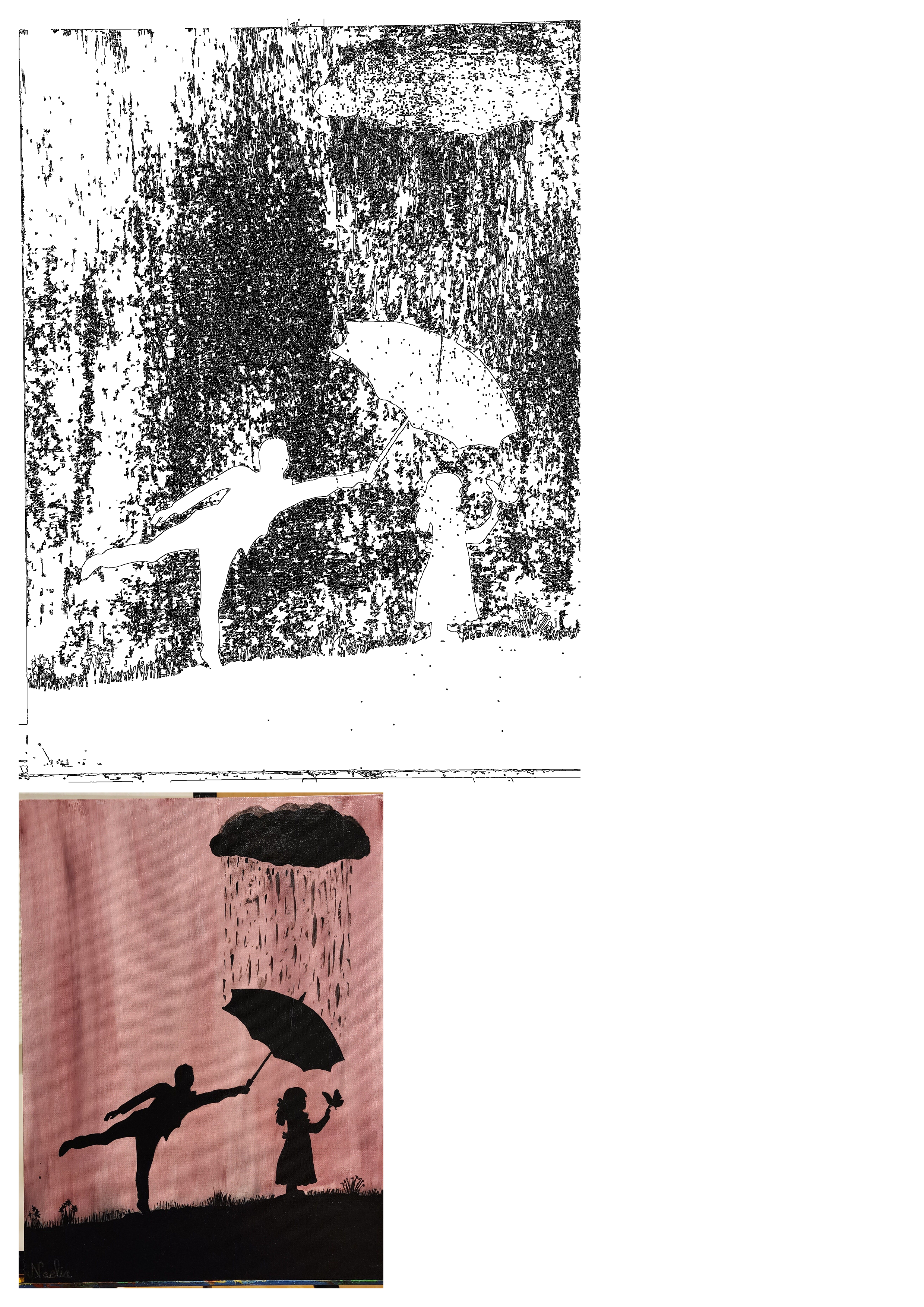 Silhouette painting showing a man holding an umbrella over a child on a grassy hill during a rainy day, with a soft pink sky.