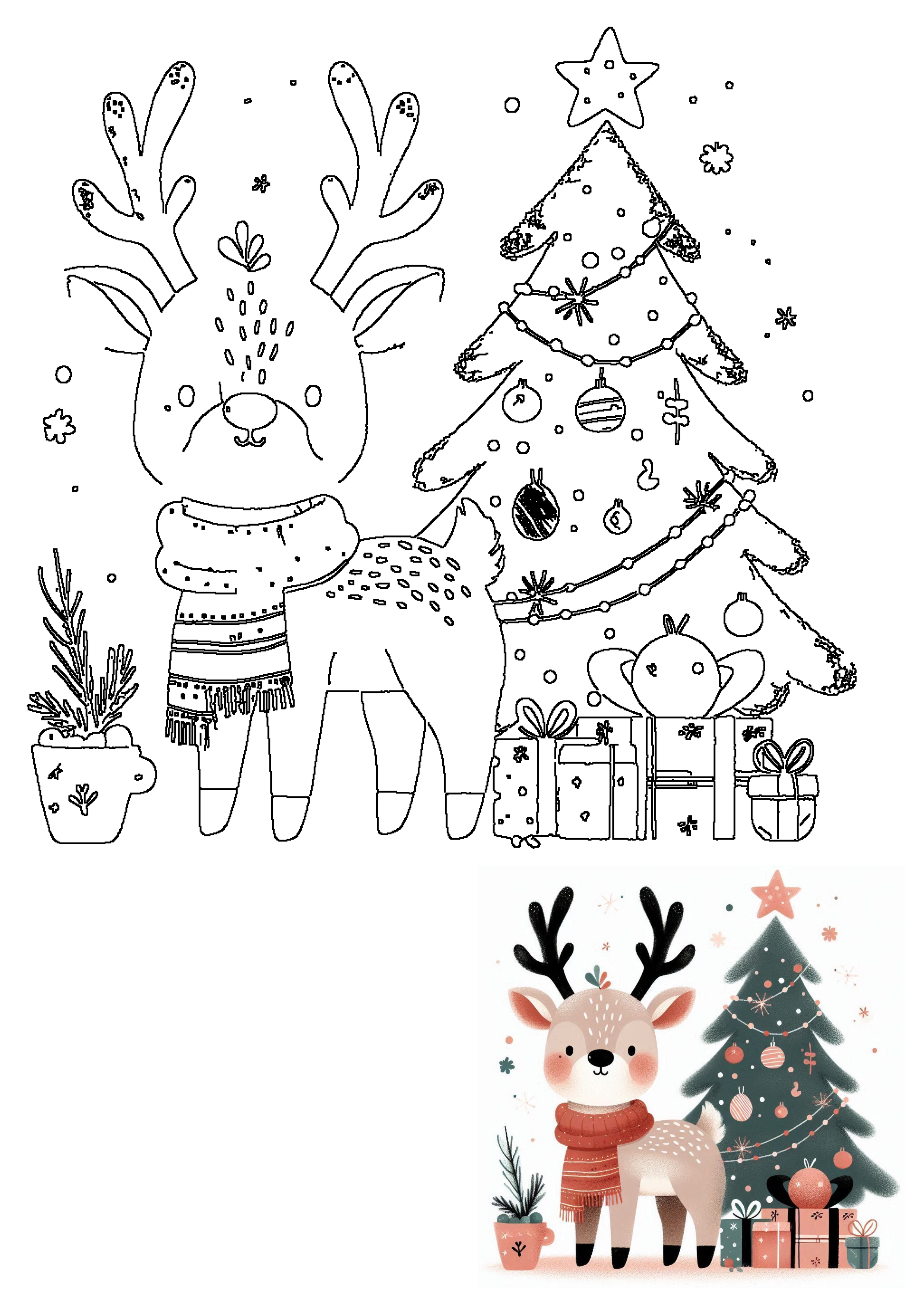 A charming holiday scene with a cute reindeer wearing a scarf, a festive Christmas tree adorned with ornaments, and presents.