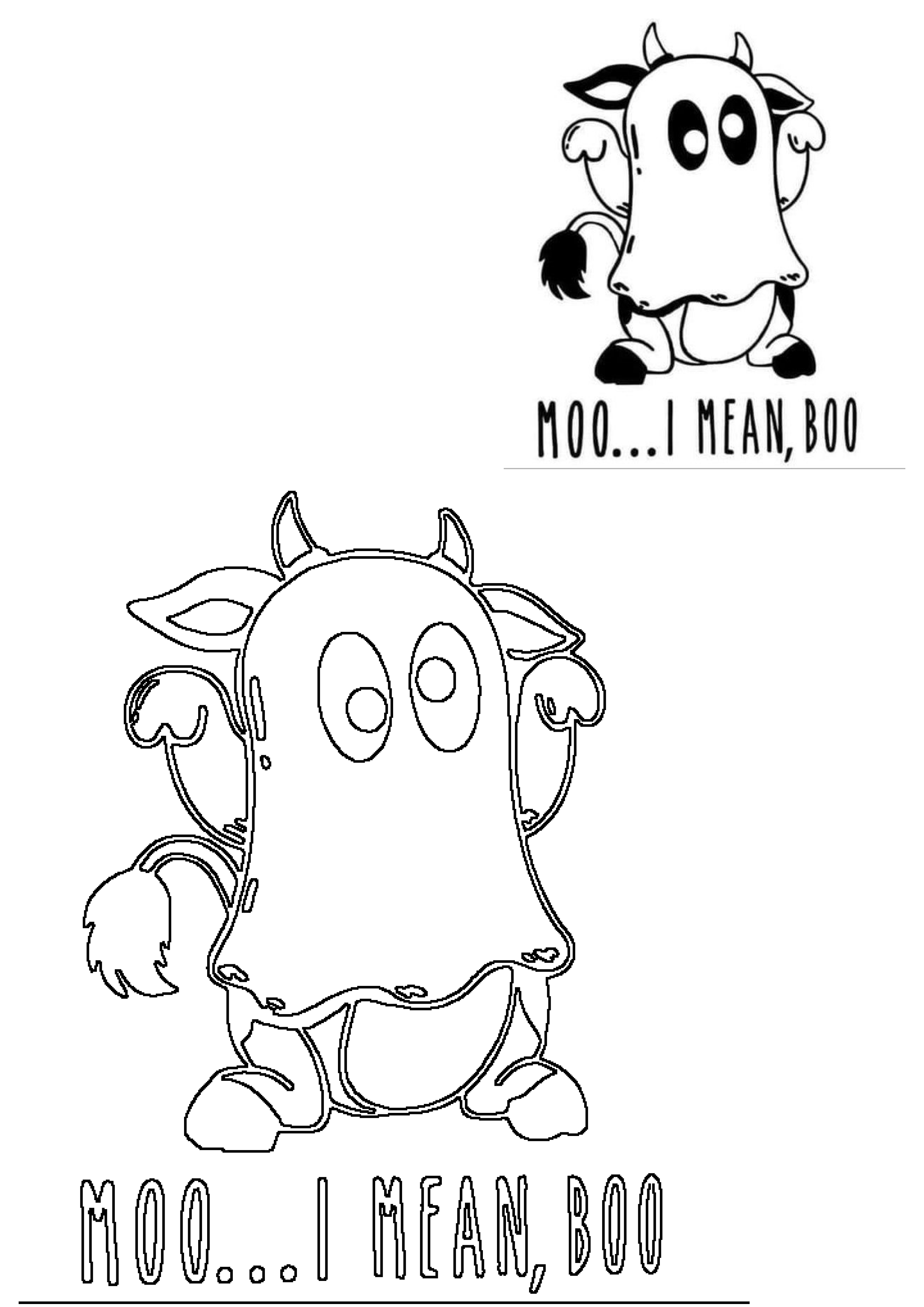 A playful cartoon cow ghost illustration for Halloween, featuring horns, tail, and 'MOO...I MEAN, BOO' text. Perfect for spooky fun.