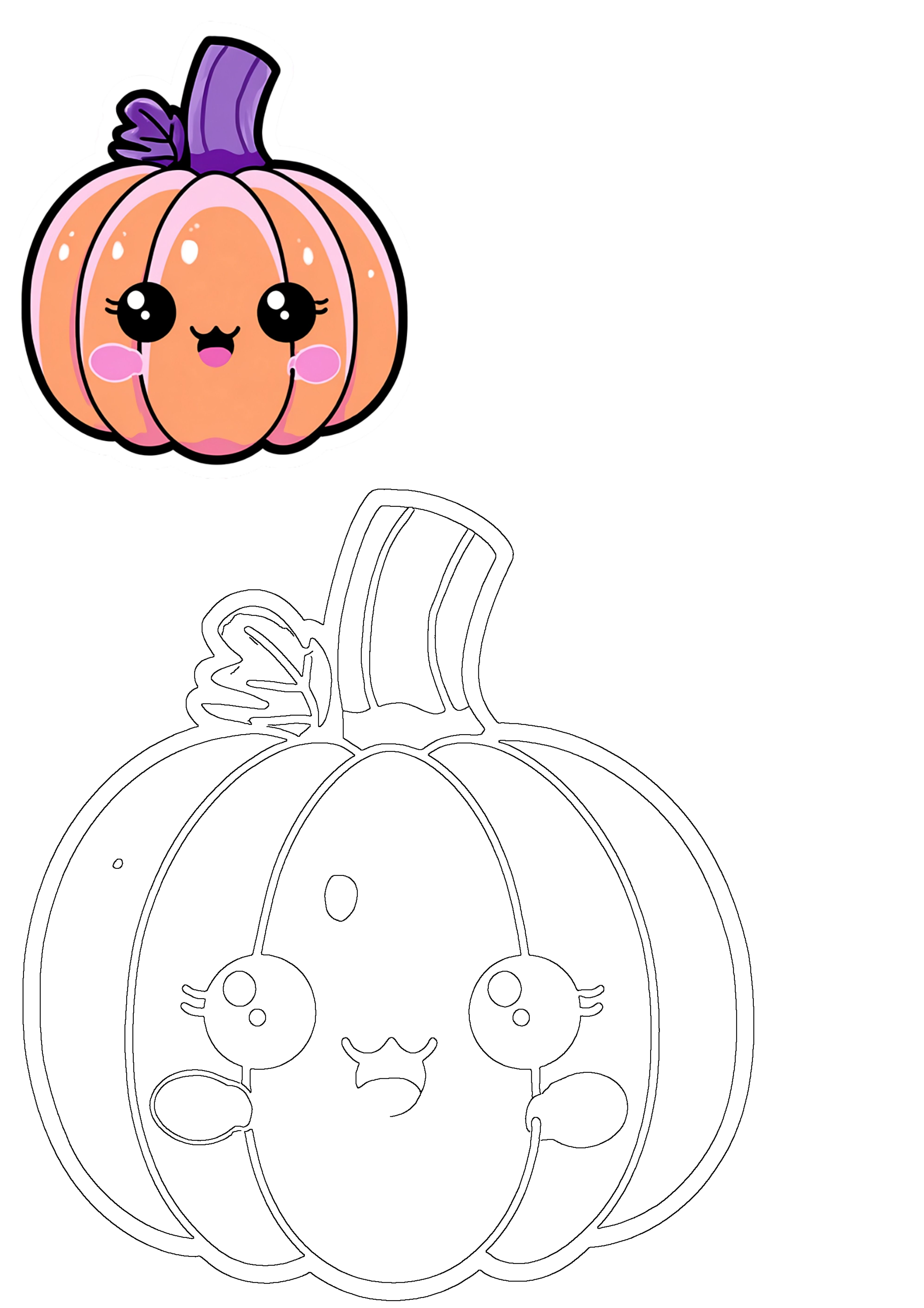 Kawaii pumpkin cute cartoon Halloween autumn illustration, showing both a vibrant colored version and a black outline for art.