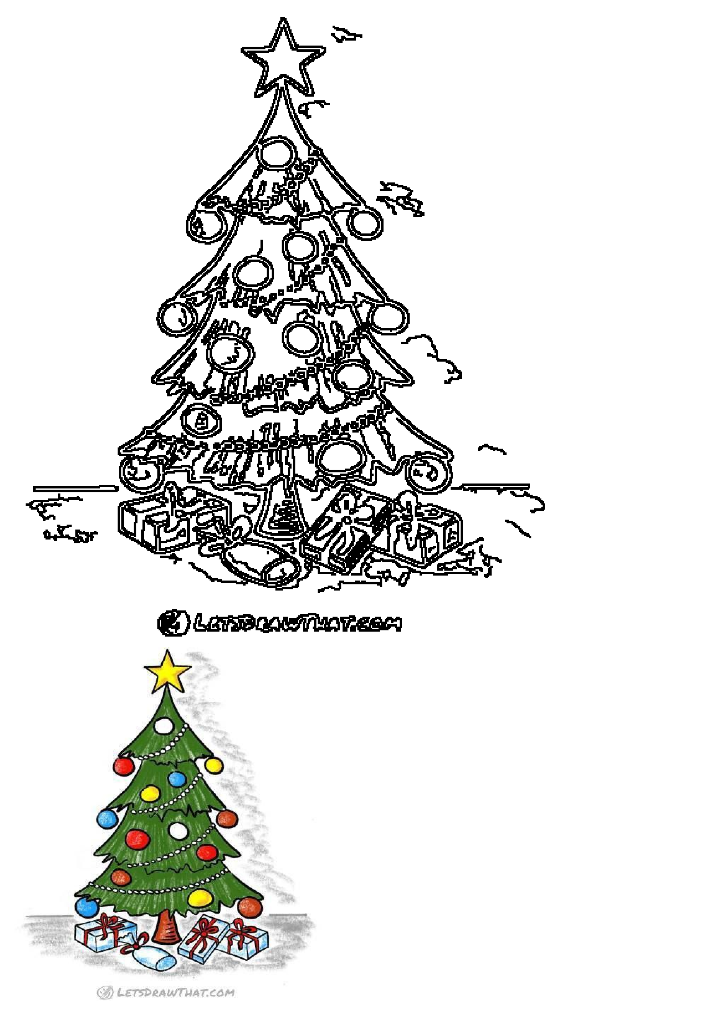 Christmas tree drawing featuring an outline version with star, ornaments, and presents, plus a vibrant colored example.