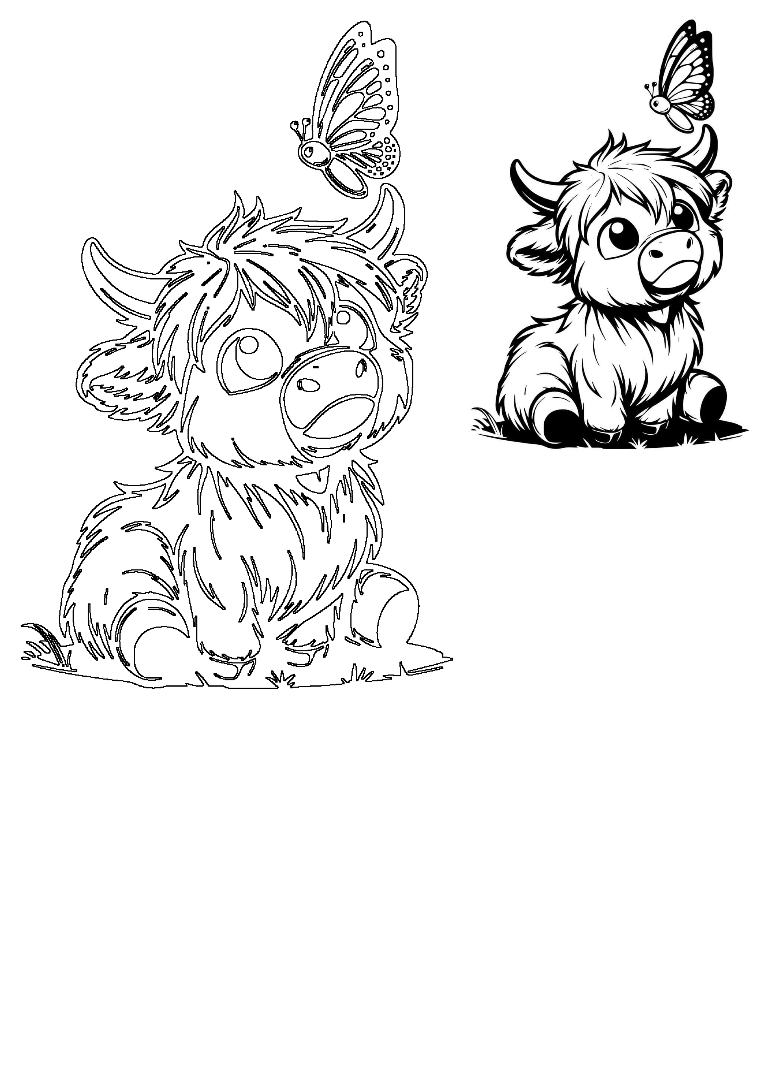 Adorable Highland cow calf with a butterfly on its head, presented as a detailed line art drawing and a stylized black and white illustration.