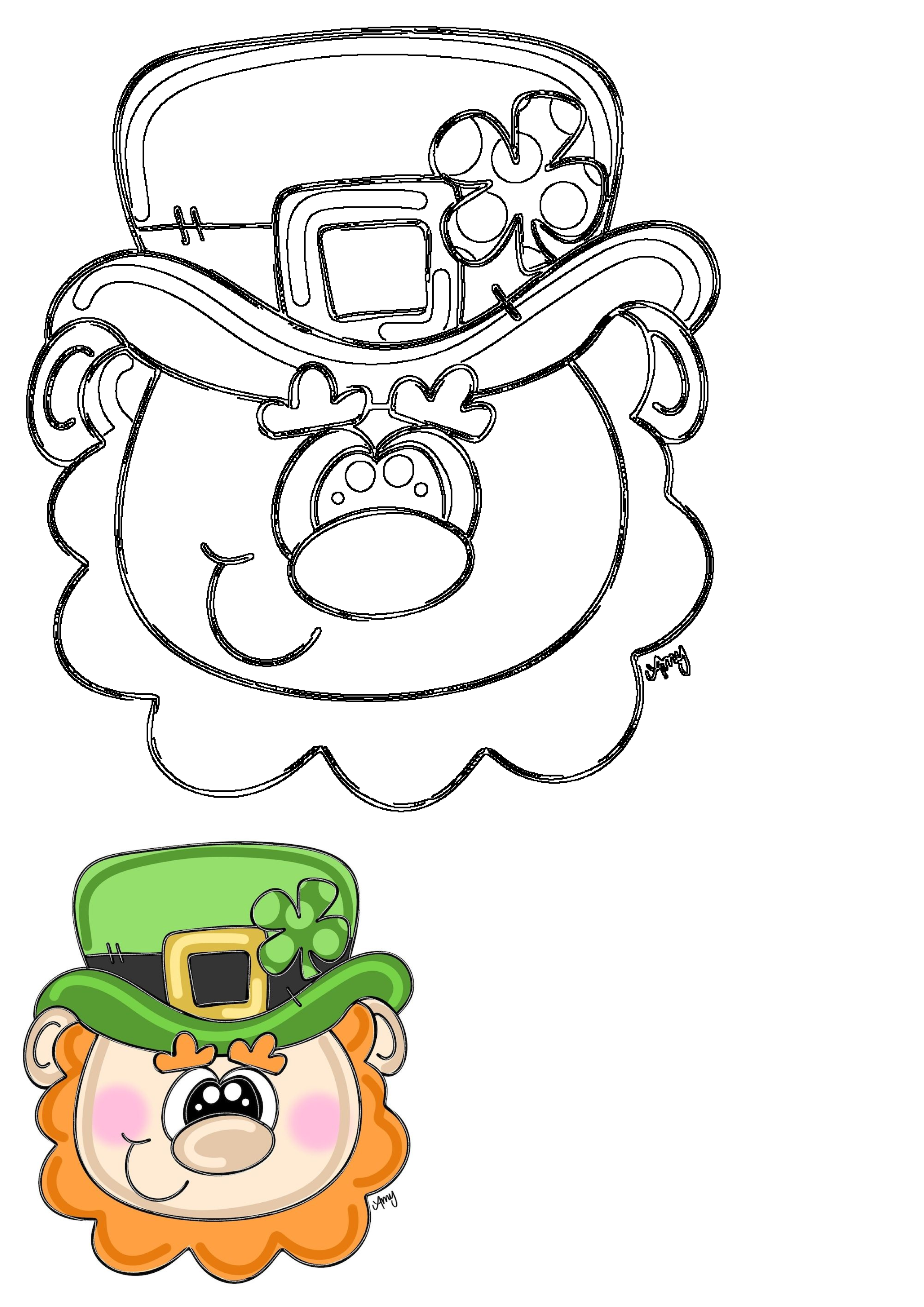 St. Patricks Day leprechaun door hanger template featuring a black outline and a colorful clip art version with a green hat and beard.