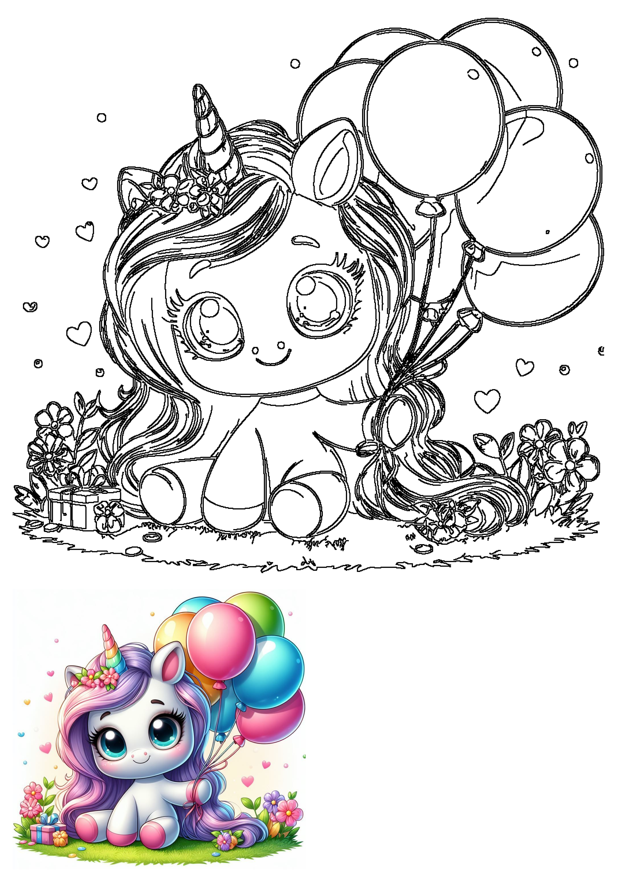 Adorable baby unicorn holding colorful balloons, surrounded by flowers and gifts, with a black and white outline version for coloring.