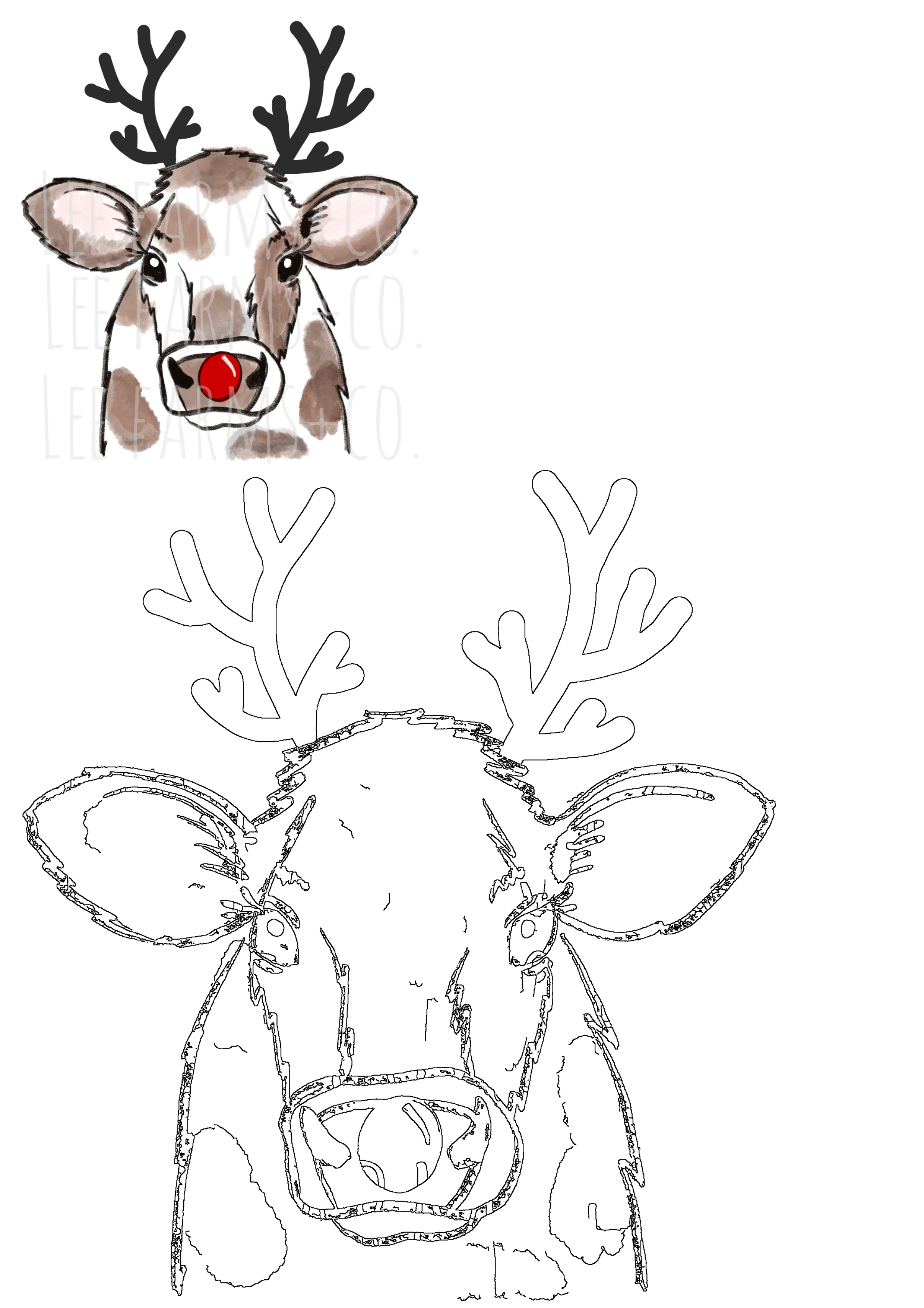 Cute festive calf with brown patches, black antlers, and a red nose, featuring a vibrant colored illustration and a corresponding outline drawing.