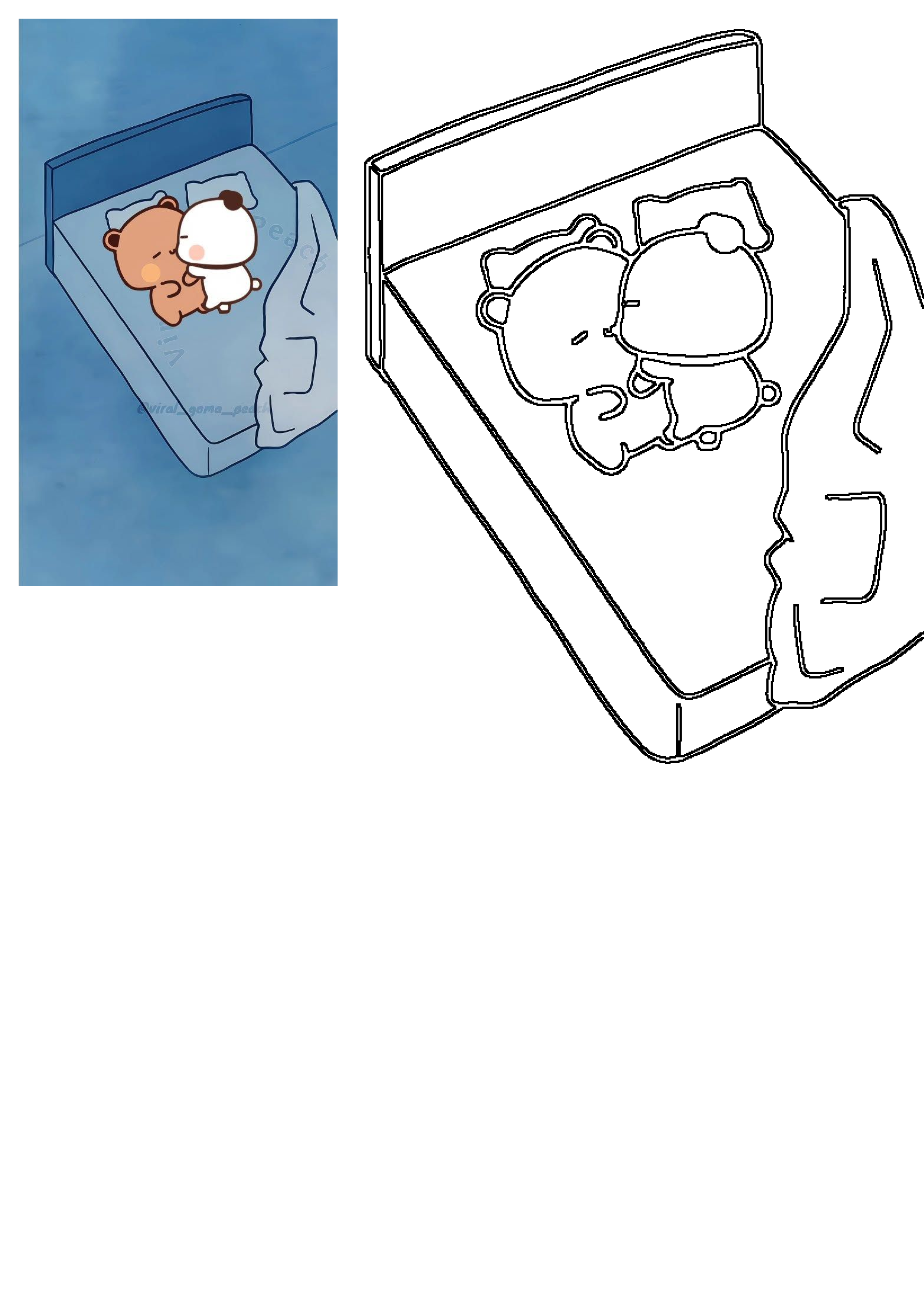 Cute cartoon bears Goma and Peach lovingly cuddle in a cozy blue bed. This charming miscellaneous pin captures their sweet embrace.